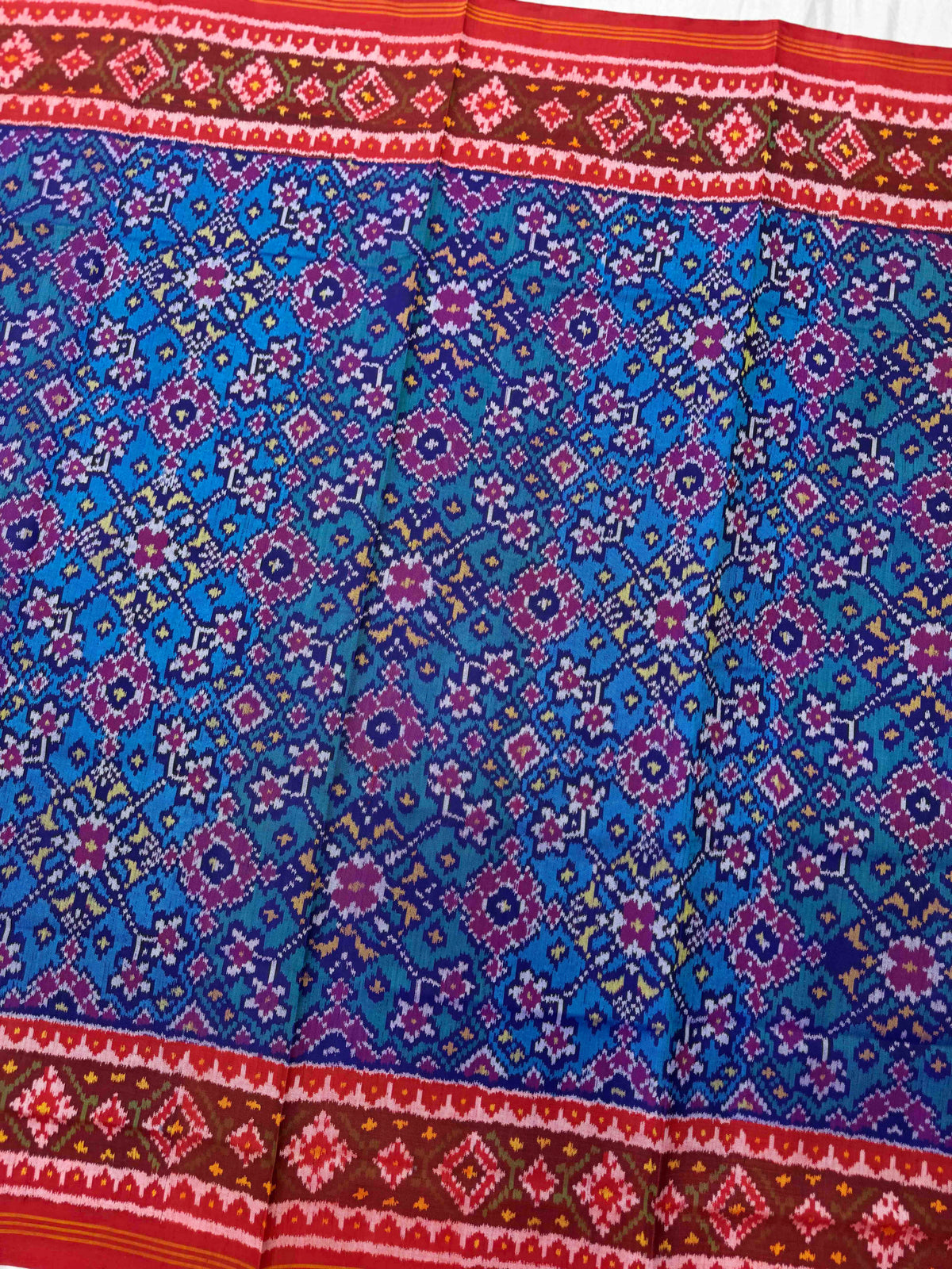 Red & Sky Blue Navratan Semi Double Ikat Patola Dupatta