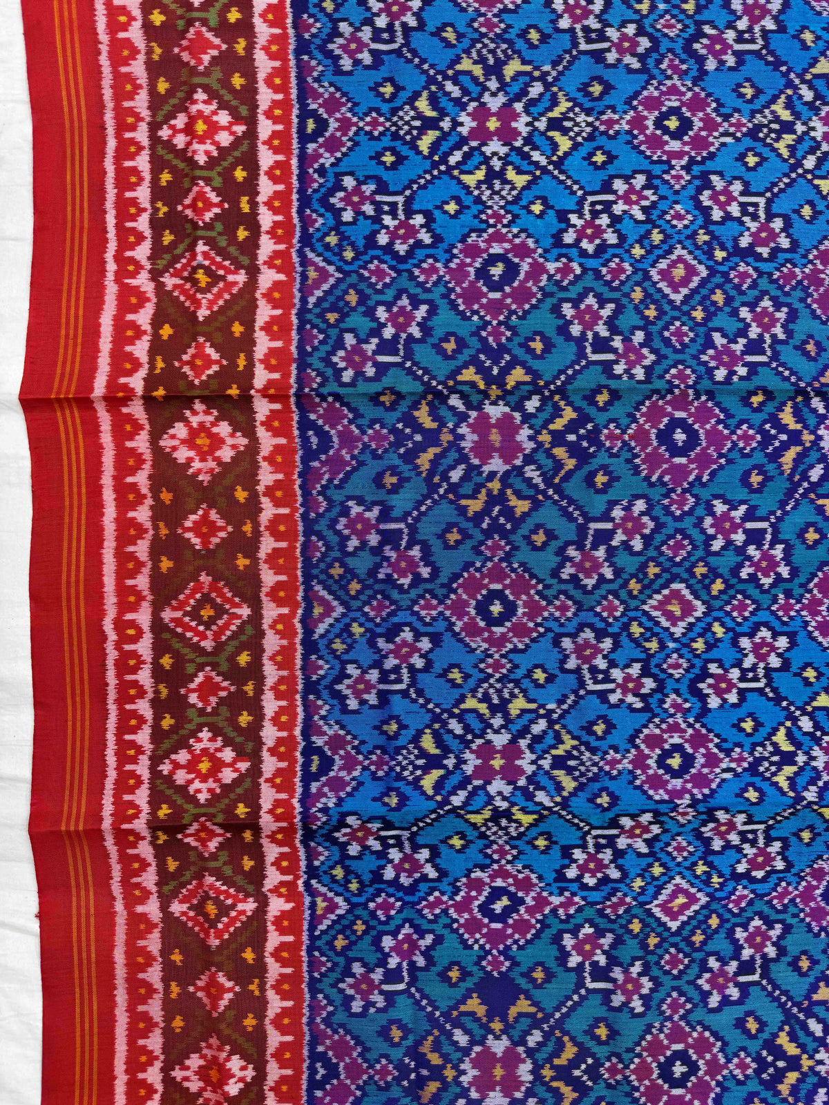 Red & Sky Blue Navratan Semi Double Ikat Patola Dupatta