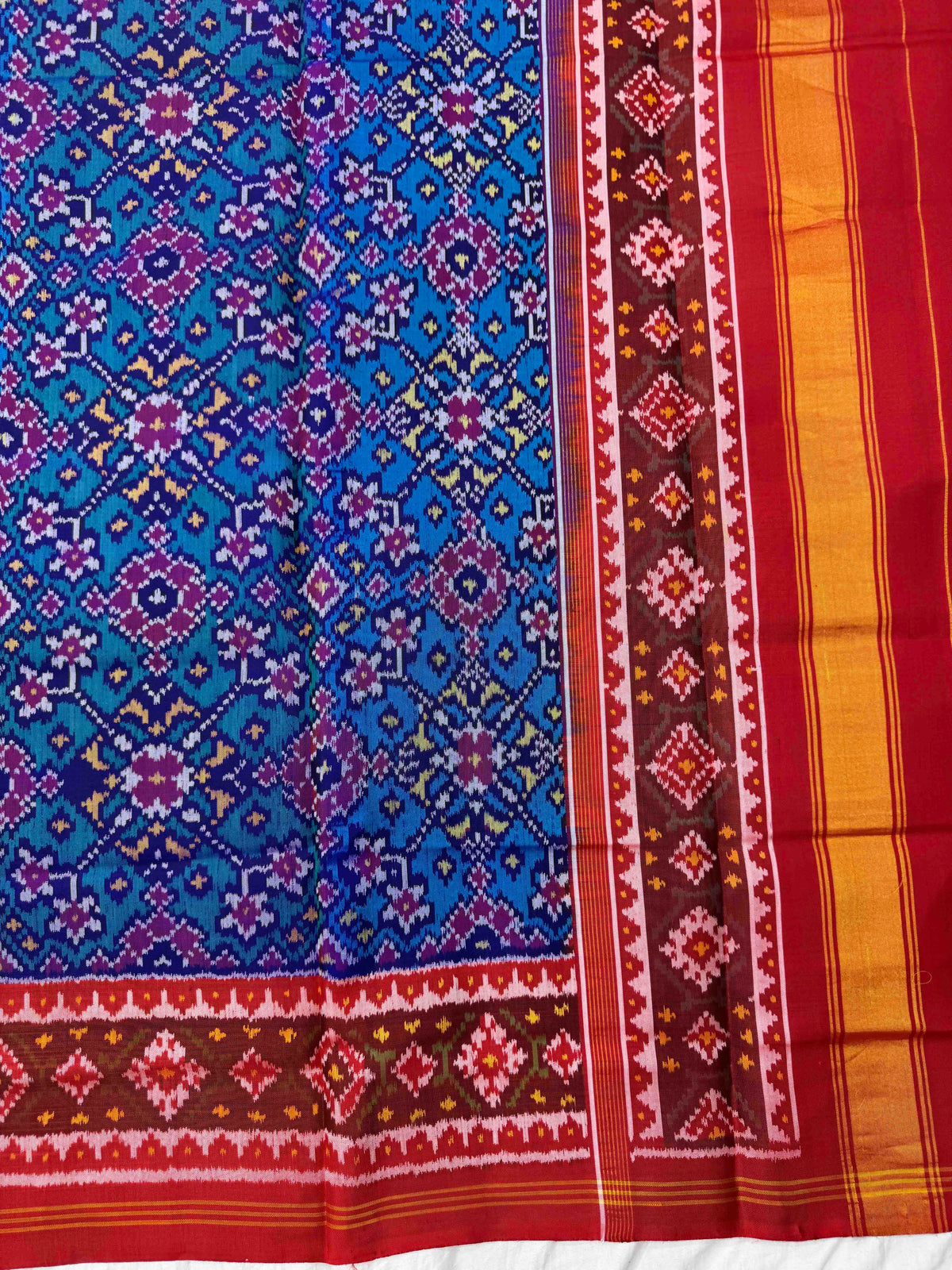 Red & Sky Blue Navratan Semi Double Ikat Patola Dupatta