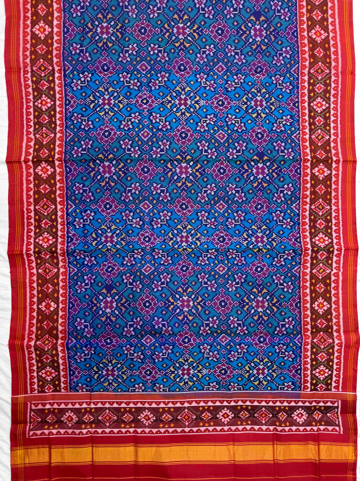 Red & Sky Blue Navratan Semi Double Ikat Patola Dupatta