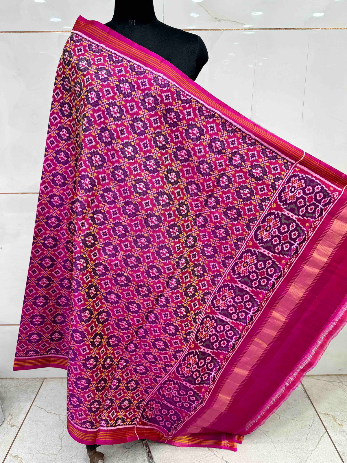Pink Buttonful Semi Double Ikat Patola Dupatta