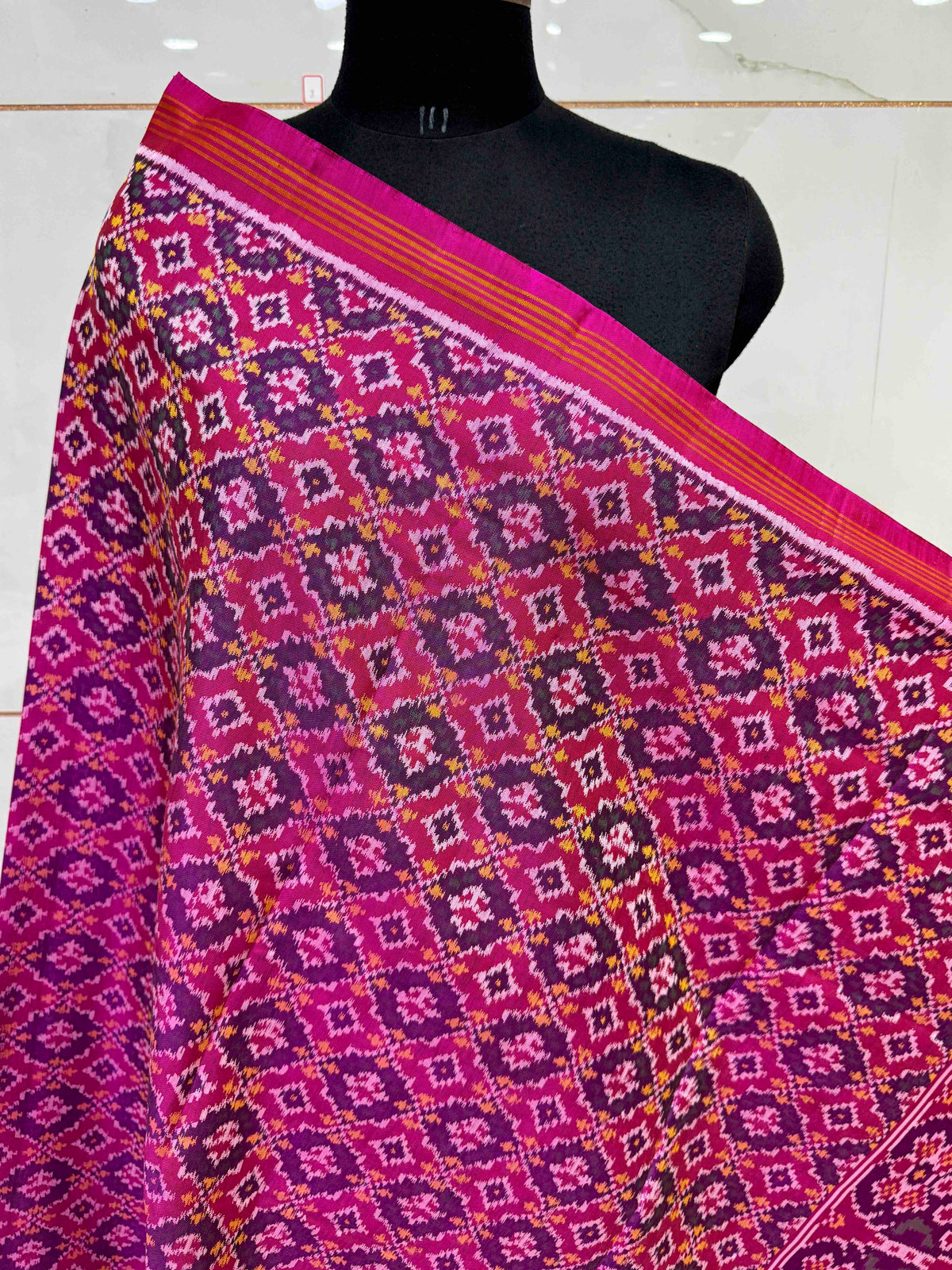 Pink Buttonful Semi Double Ikat Patola Dupatta
