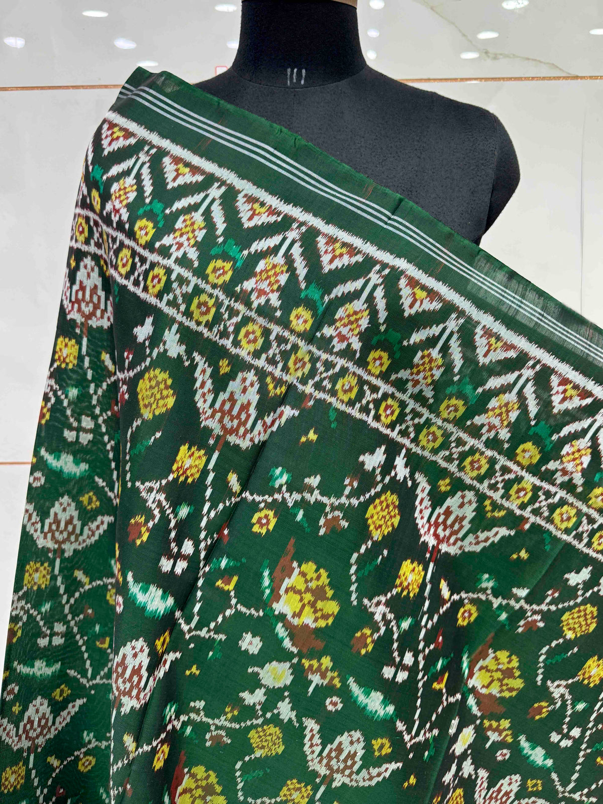 Dark Green Fancy Leaves Semi Double Ikat Patola Dupatta