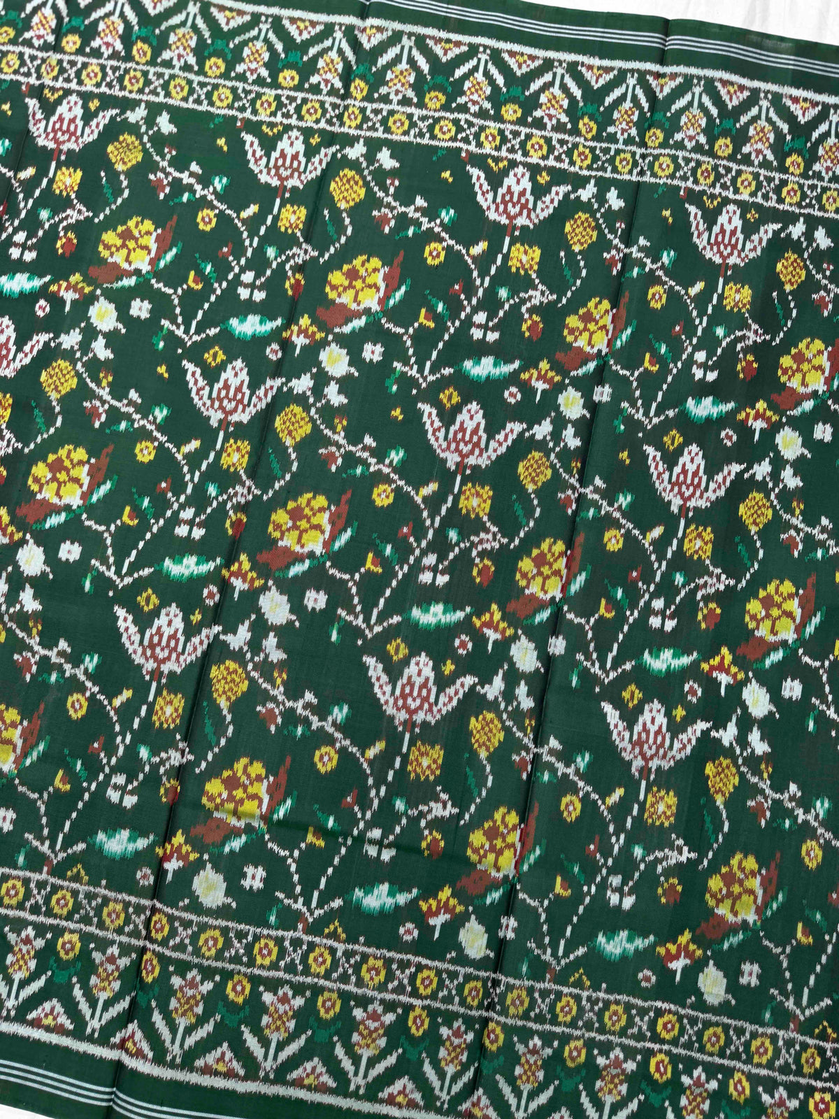 Dark Green Fancy Leaves Semi Double Ikat Patola Dupatta