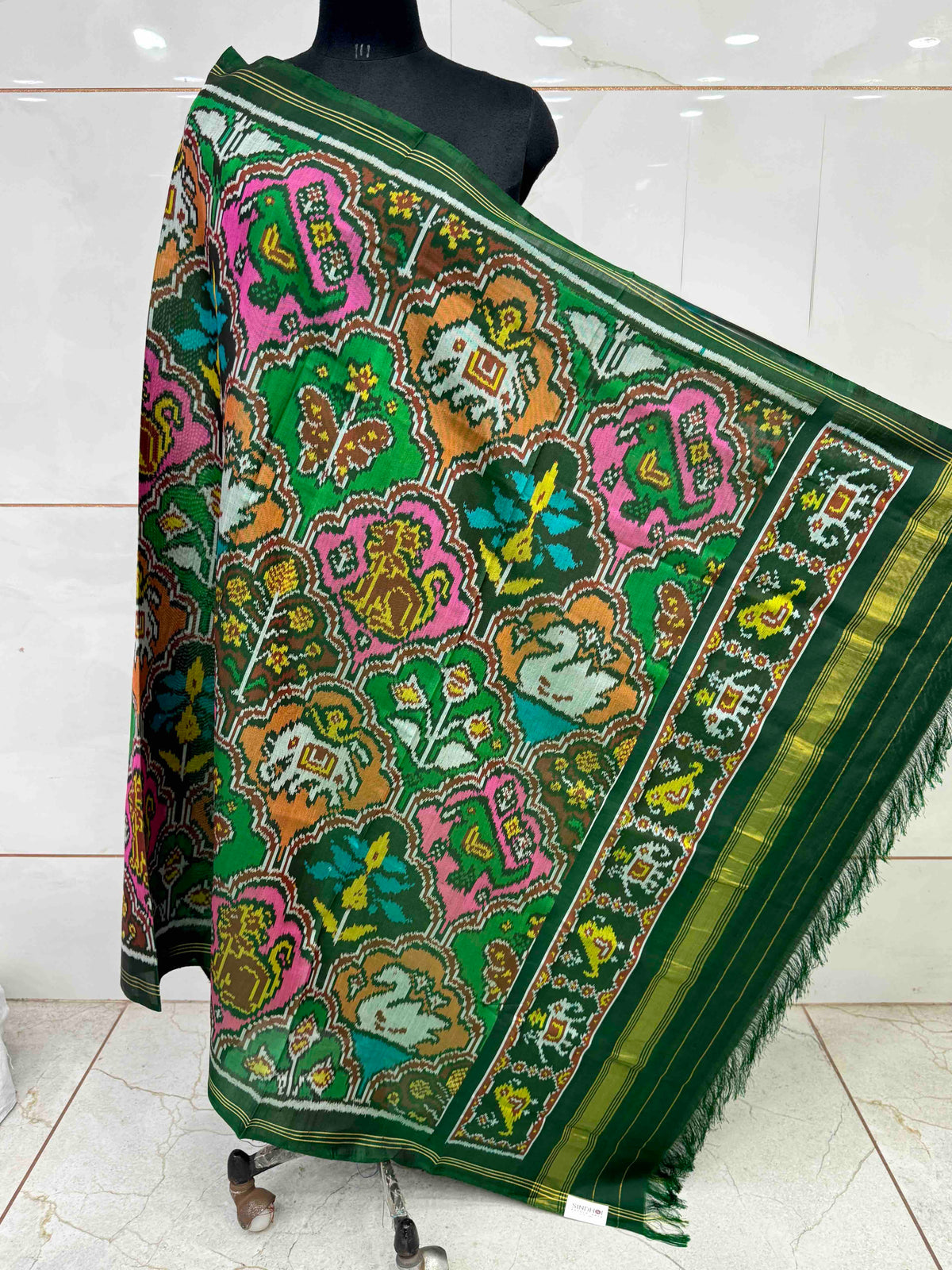 Green & Multicolour Fancy Narikunj Semi Double Ikat Patola Dupatta
