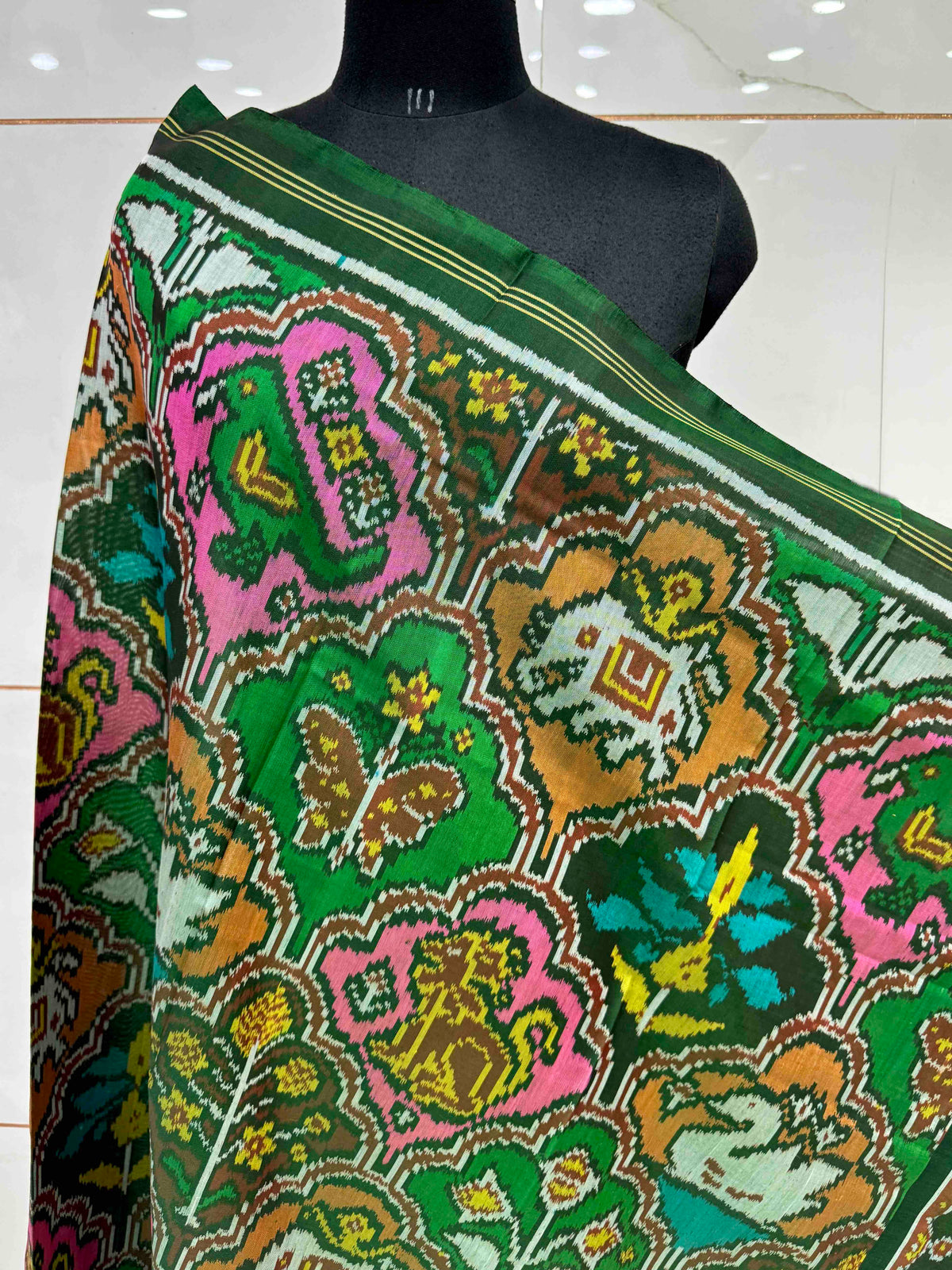 Green & Multicolour Fancy Narikunj Semi Double Ikat Patola Dupatta