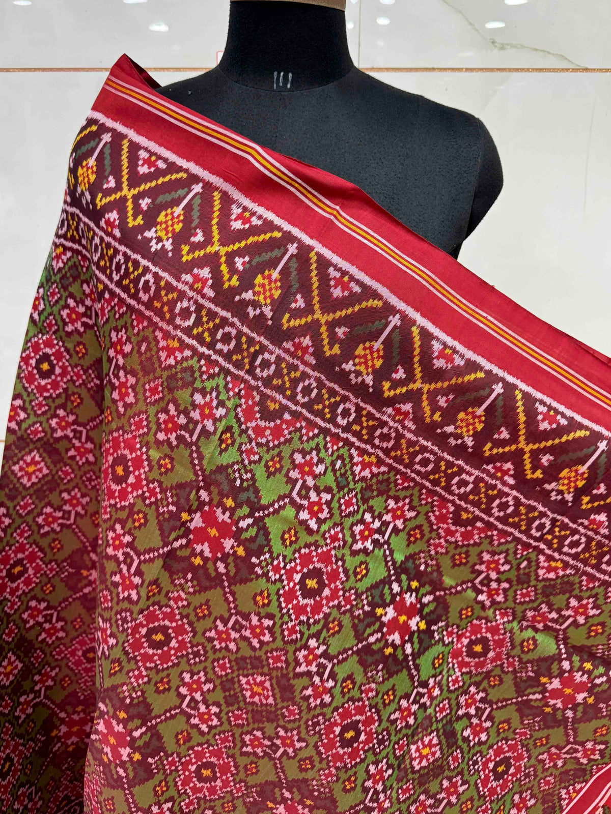 Red & Light Green Navratan Semi Double Ikat Patola Dupatta