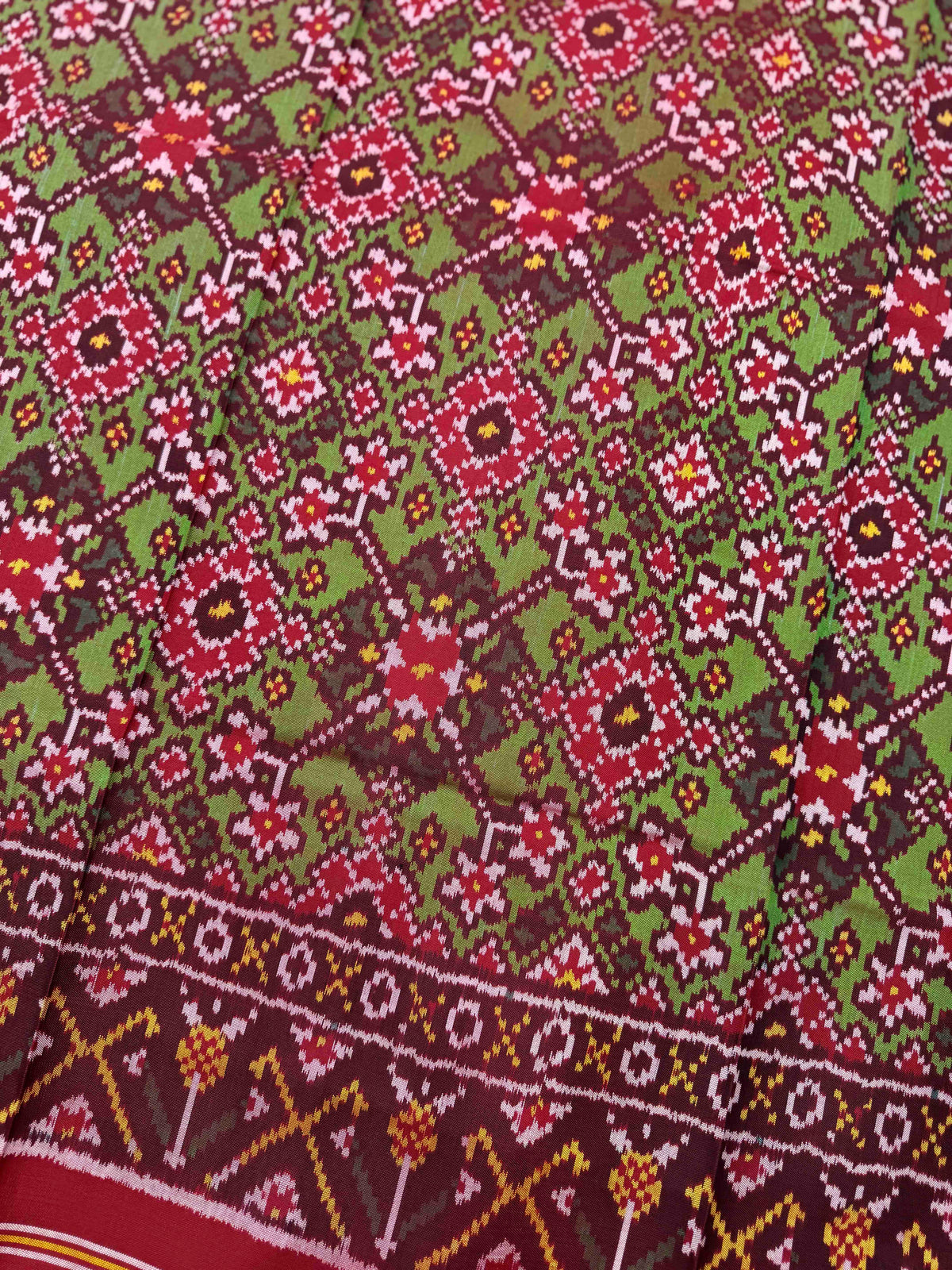 Red & Light Green Navratan Semi Double Ikat Patola Dupatta