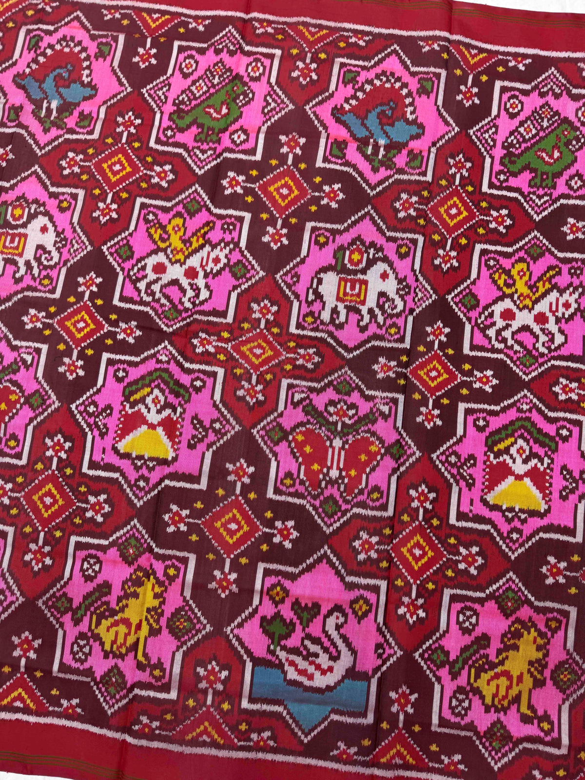 Red & Light Pink Star Narikunj Semi Double Ikat Patola Dupatta
