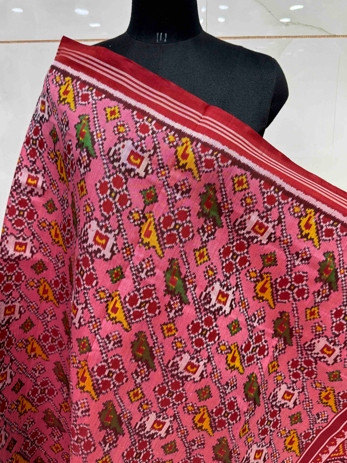 Maroon & Light Pink Small Narikunj Leheriya Semi Double Ikat Patola Dupatta