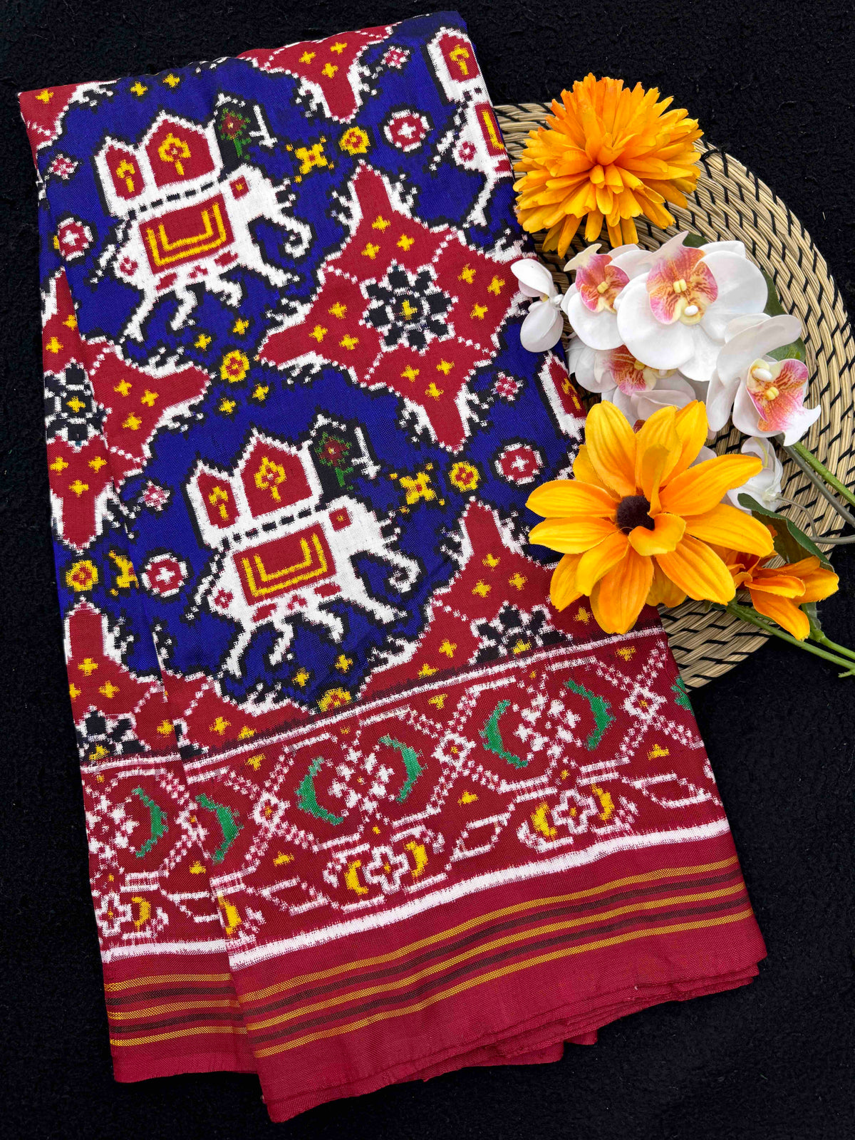 Red & Blue Elephant Chhabdi Double Ikat Patan Patola Saree