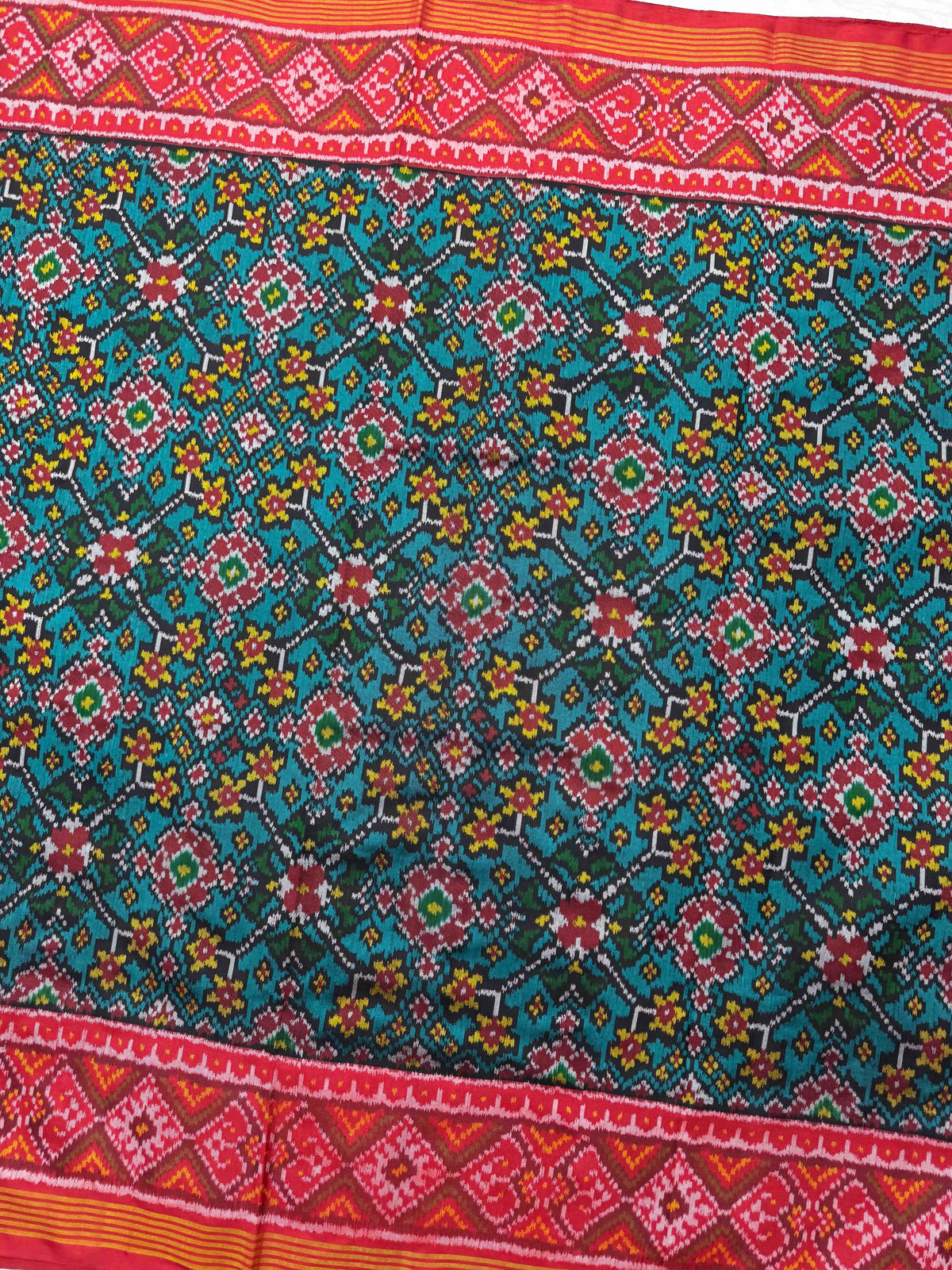 Red & Turquoise Navratan Single Ikat Patan Patola Saree