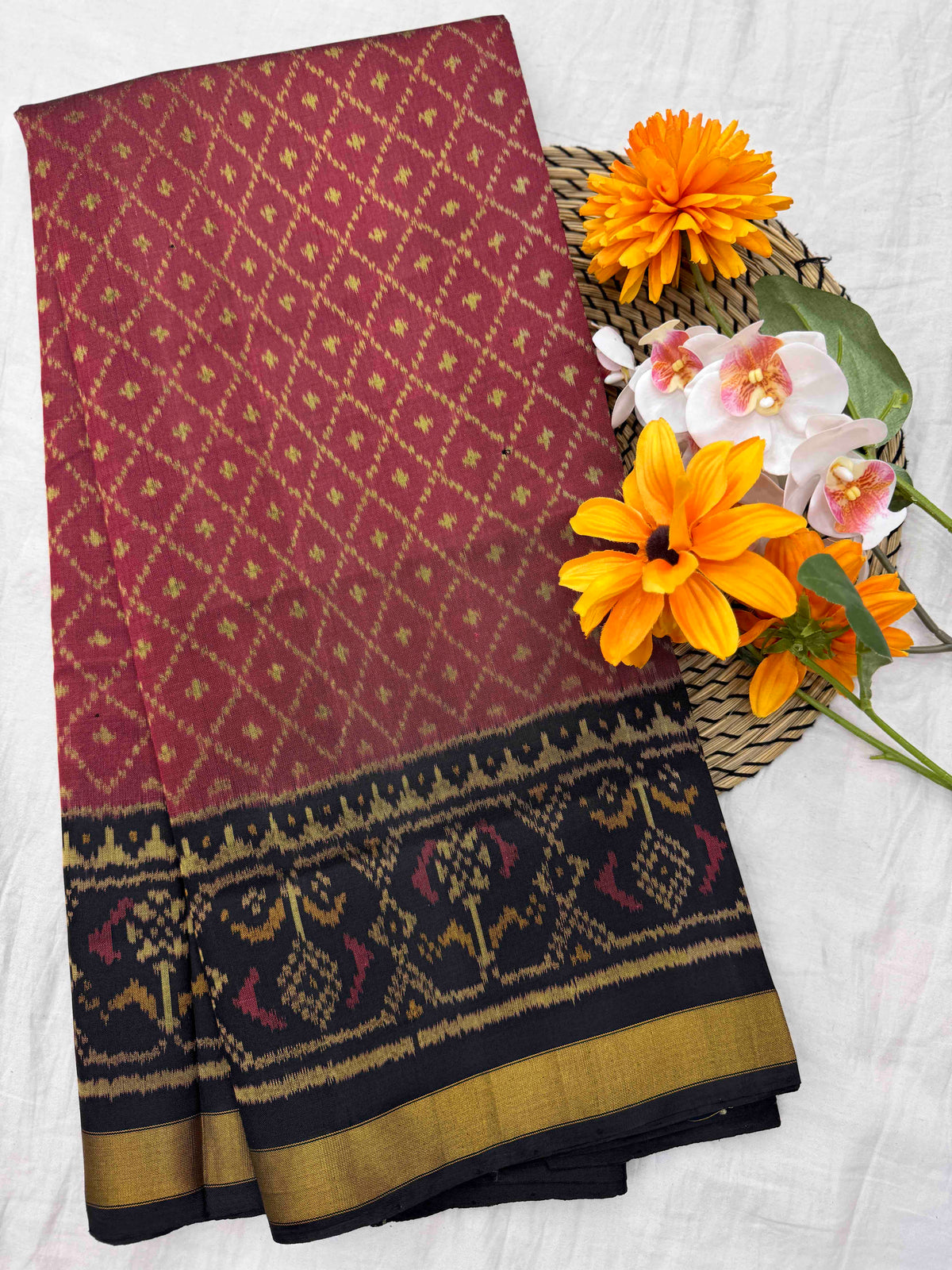 Black & Maroon Booty Rajkot Patola Saree
