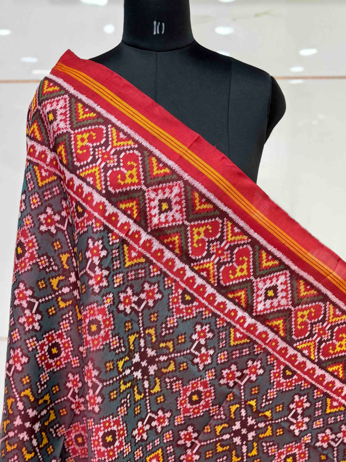 Red & Turquoise Green Navratan Semi Double Ikat Patola Dupatta