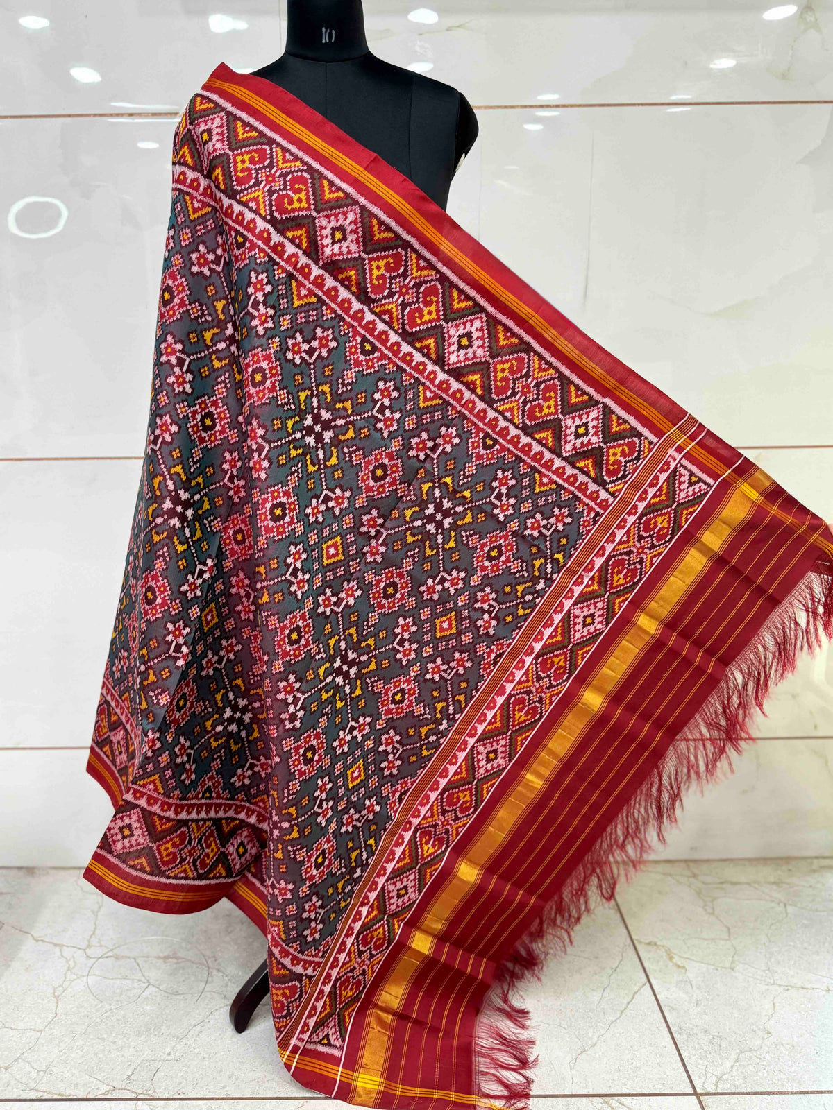 Red & Turquoise Green Navratan Semi Double Ikat Patola Dupatta