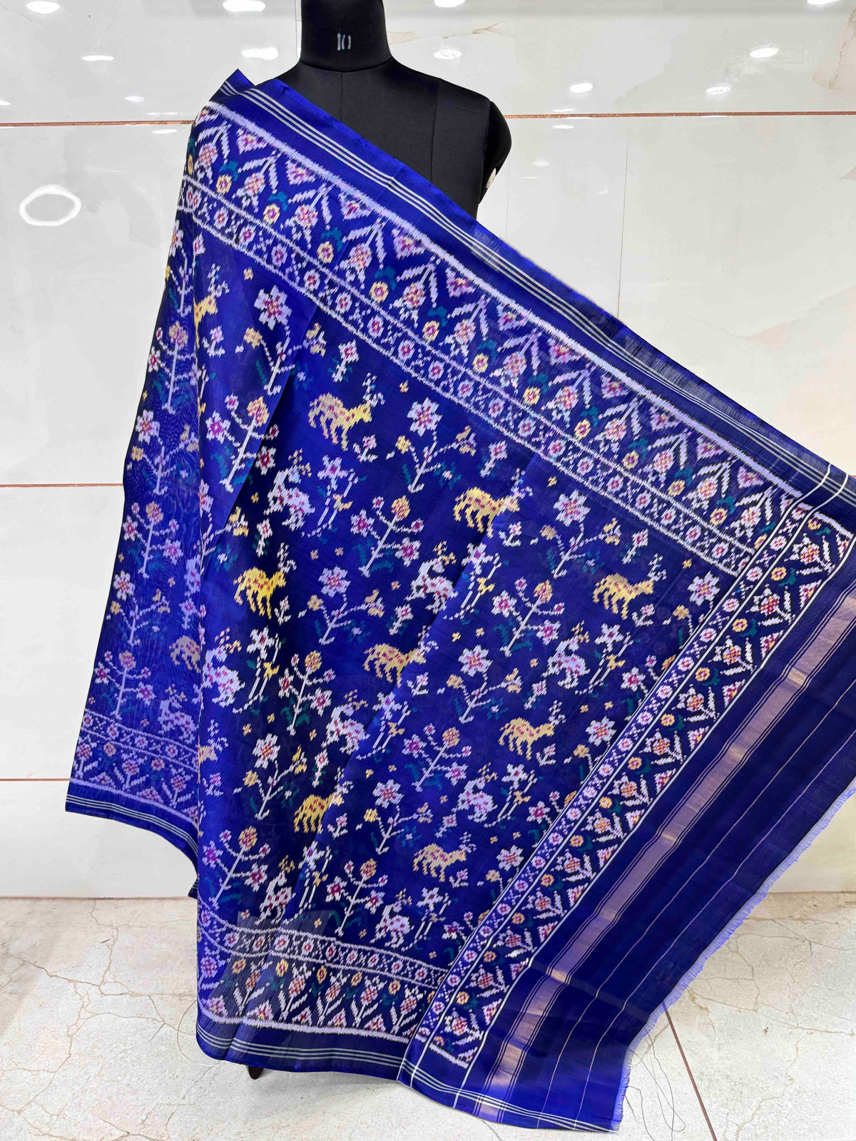 Blue Fancy Deer Flower Semi Double Ikat Patola Dupatta
