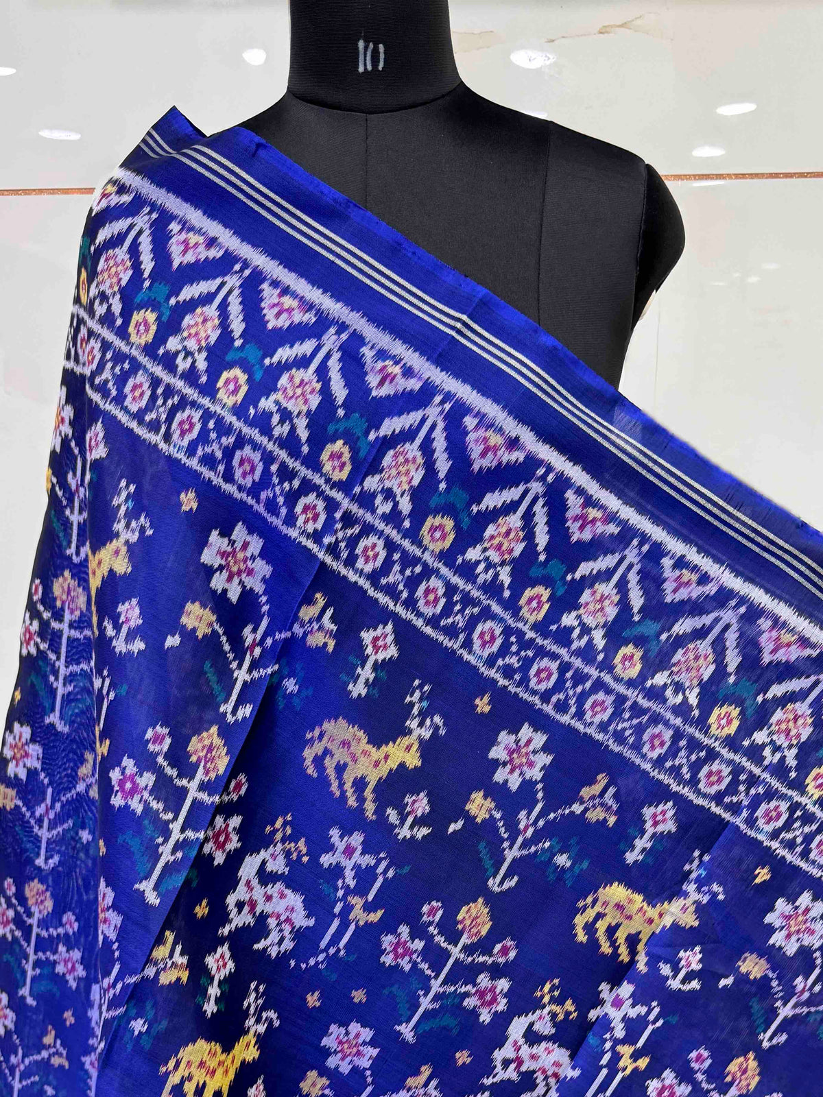 Blue Fancy Deer Flower Semi Double Ikat Patola Dupatta
