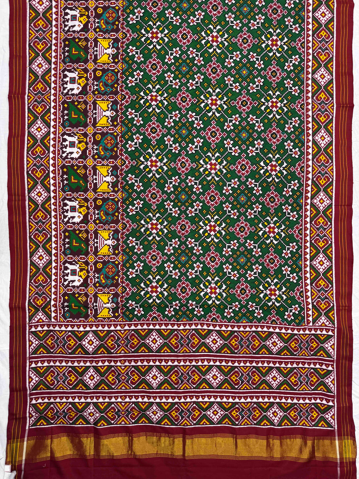 Red & Green Navratan with Narikunj Scut Border Double Ikat Patan Patola Saree