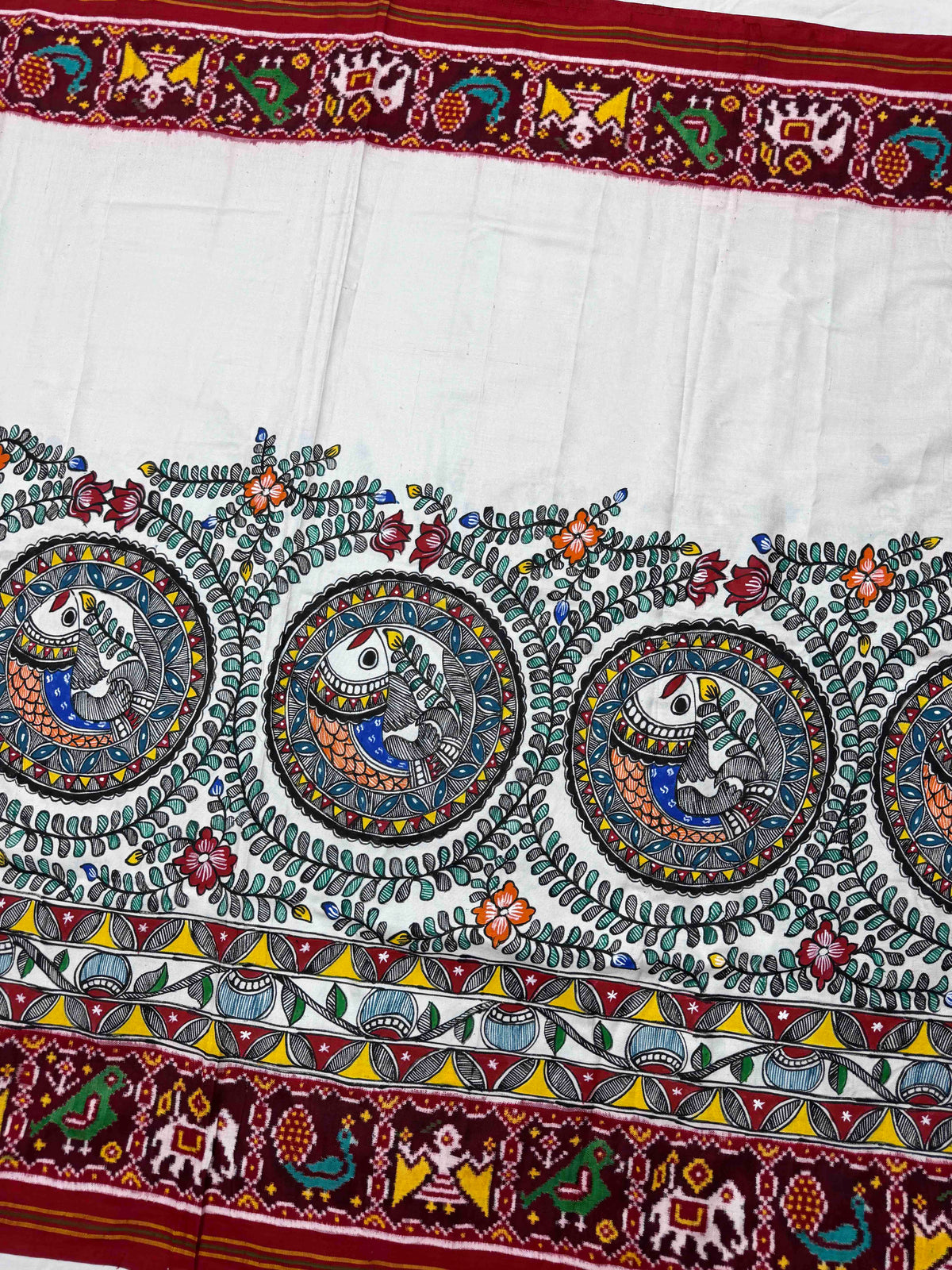 Maroon & White Madhubani Hand Painting with Fusion Design Double Ikat Patan Patola Saree