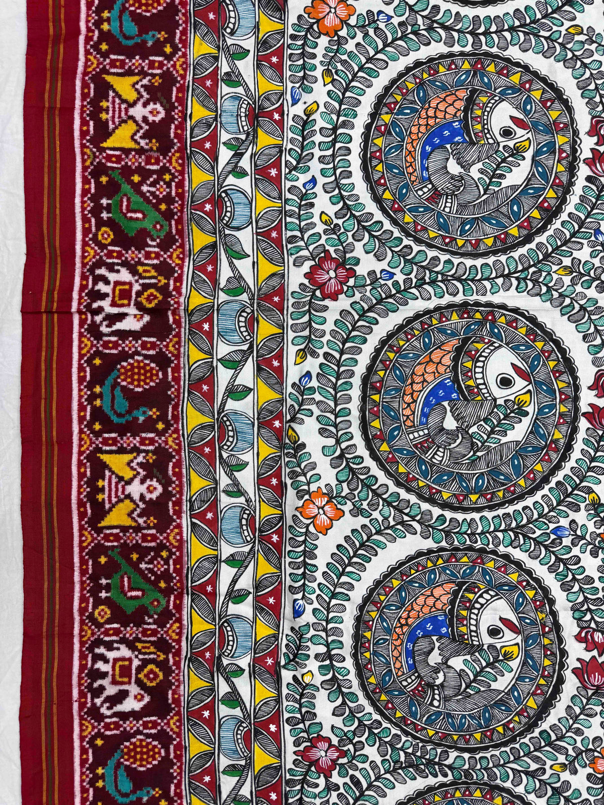 Maroon & White Madhubani Hand Painting with Fusion Design Double Ikat Patan Patola Saree