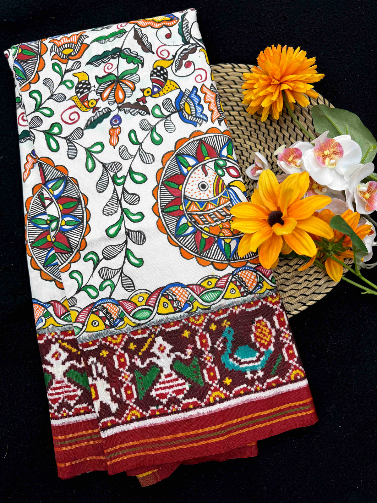 Maroon & White Madhubani Hand Painting with Fusion Design Double Ikat Patan Patola Saree