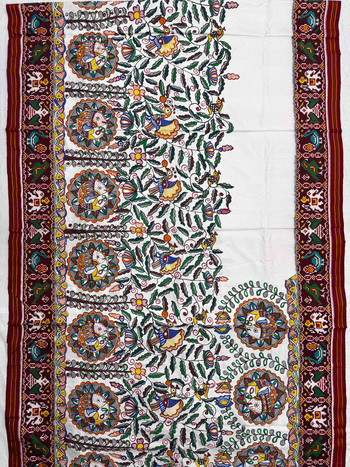 Maroon & White Madhubani Hand Painting with Fusion Design Double Ikat Patan Patola Saree