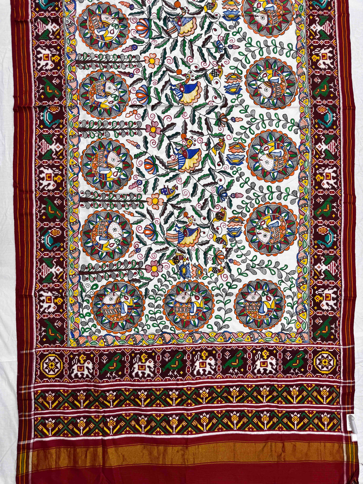 Maroon & White Madhubani Hand Painting with Fusion Design Double Ikat Patan Patola Saree