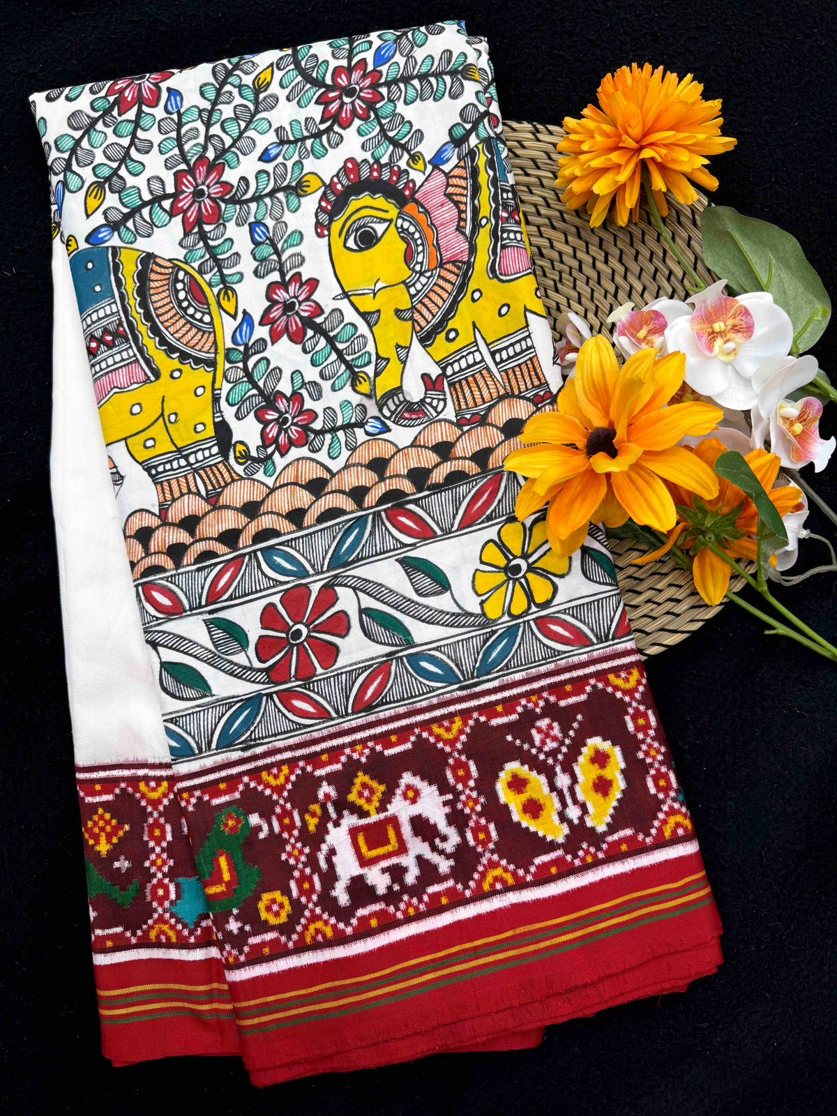 Maroon & White Madhubani Hand Painting with Fusion Design Double Ikat Patan Patola Saree