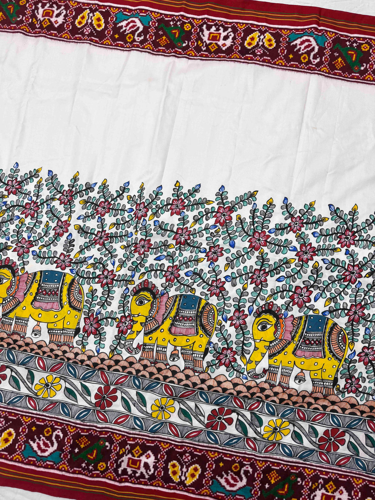 Maroon & White Madhubani Hand Painting with Fusion Design Double Ikat Patan Patola Saree