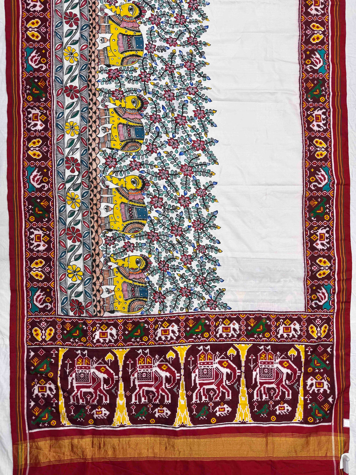 Maroon & White Madhubani Hand Painting with Fusion Design Double Ikat Patan Patola Saree