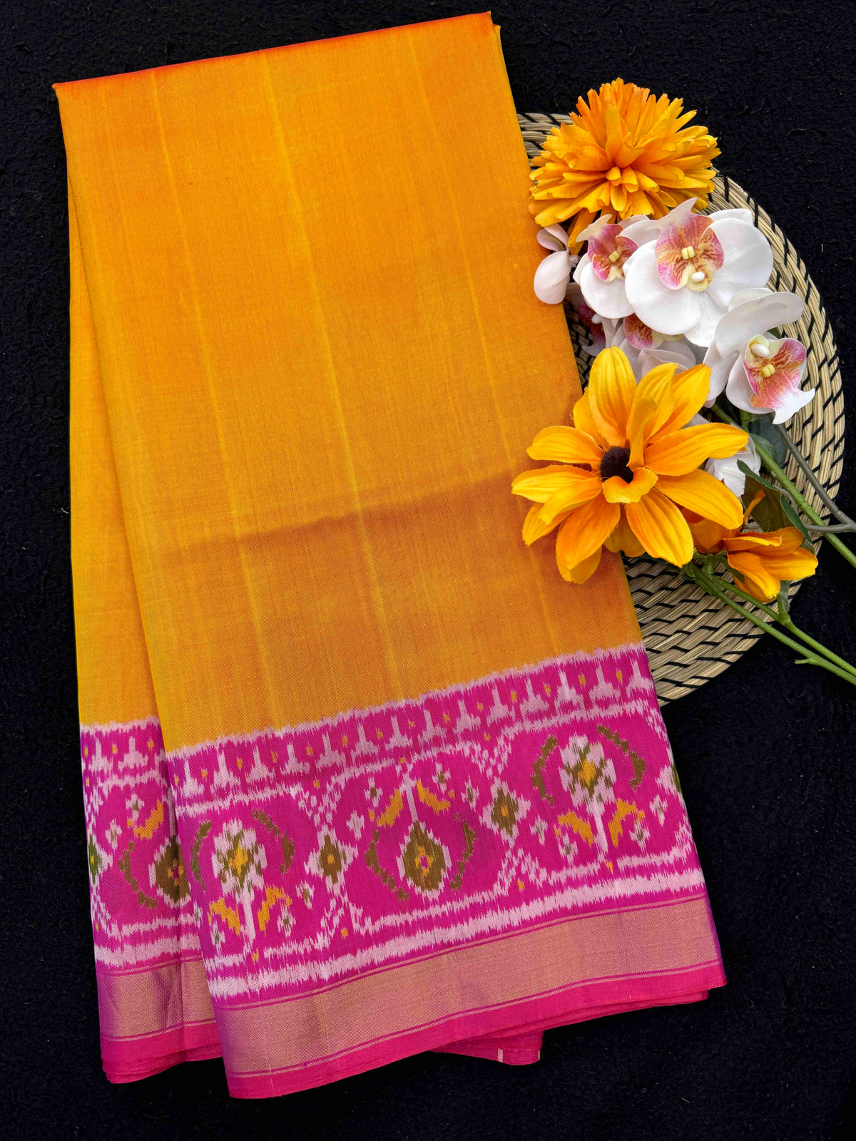 Pink & Yellow Plain Rajkot Patola Saree