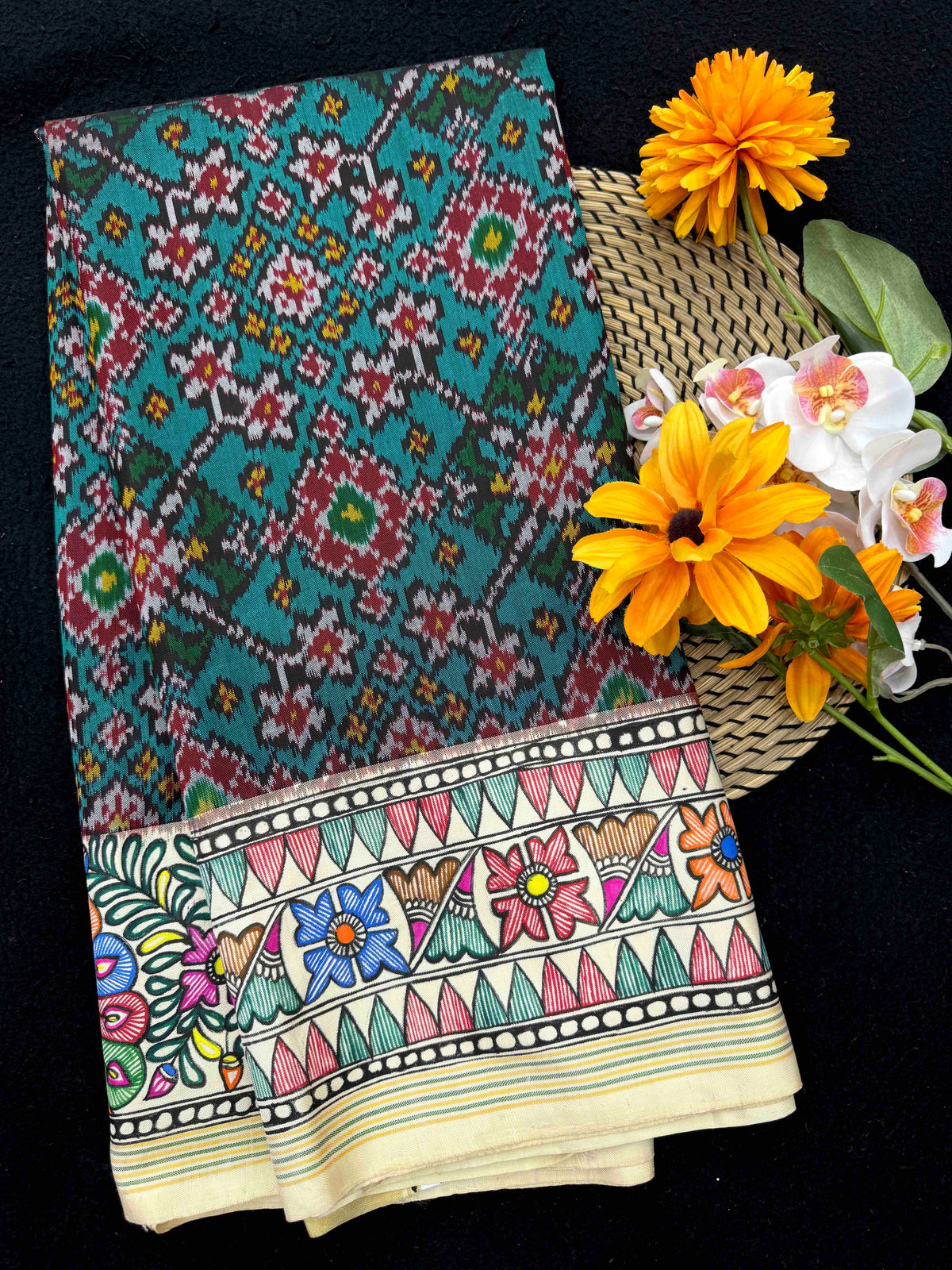 Off White & Turquoise Green Navratan Madhubani Hand Painting with Fusion Design Single Ikat Patan Patola Saree