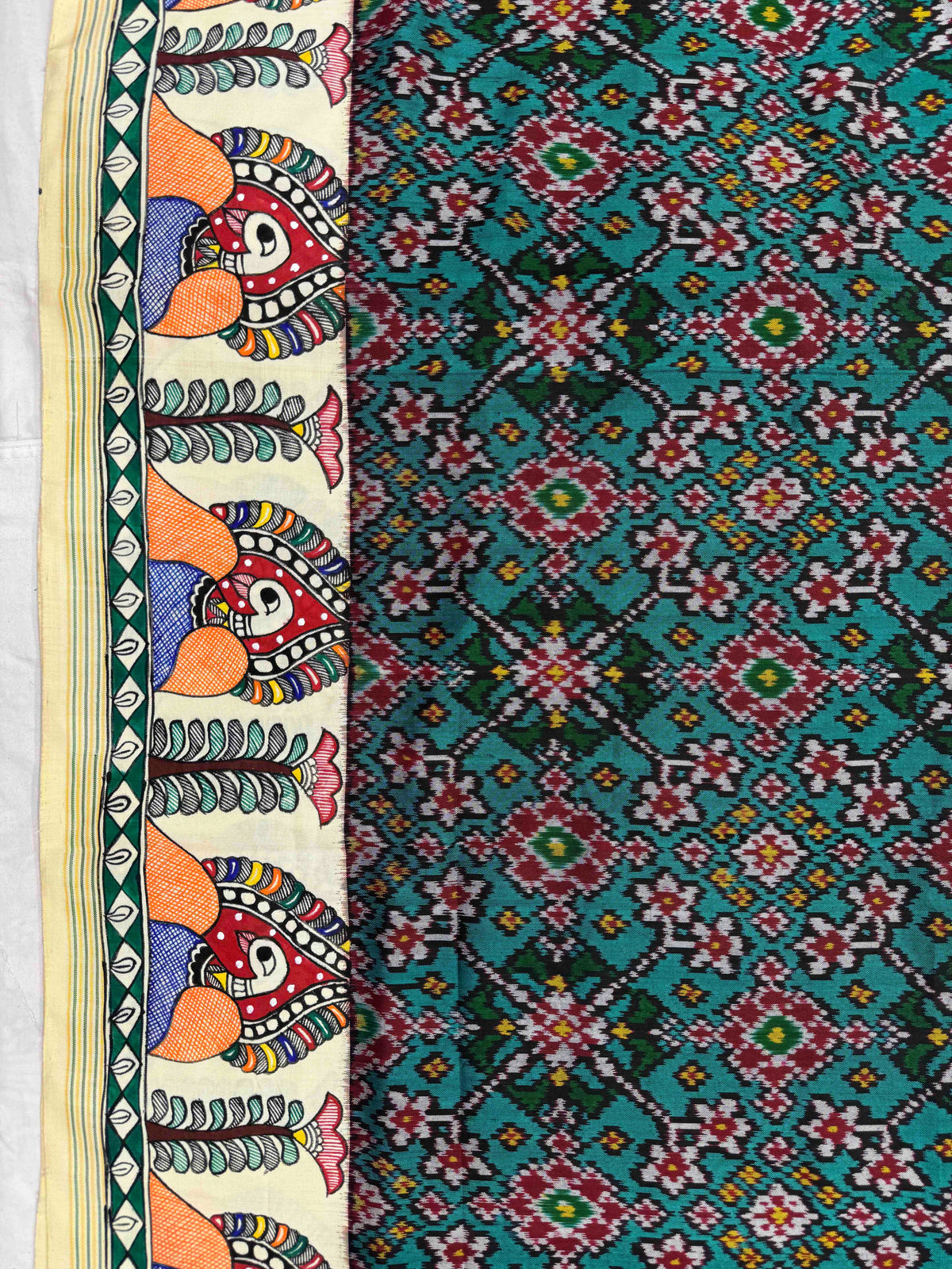 Off White & Turquoise Green Navratan Madhubani Hand Painting with Fusion Design Single Ikat Patan Patola Saree
