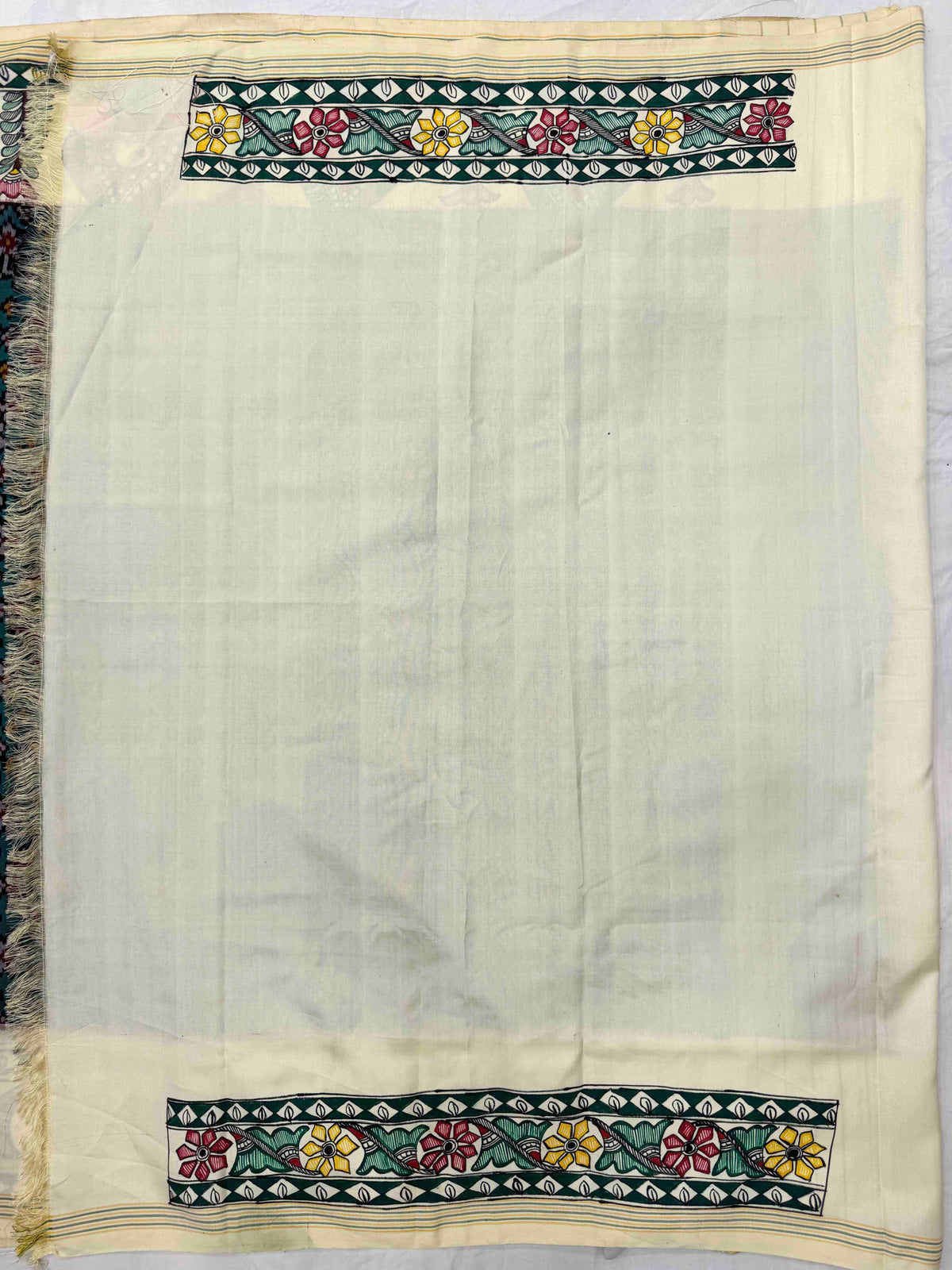 Off White & Turquoise Green Navratan Madhubani Hand Painting with Fusion Design Single Ikat Patan Patola Saree