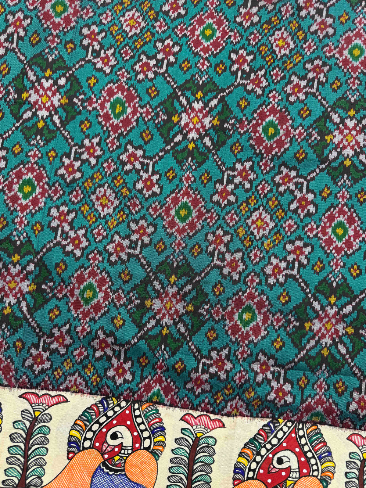 Off White & Turquoise Green Navratan Madhubani Hand Painting with Fusion Design Single Ikat Patan Patola Saree