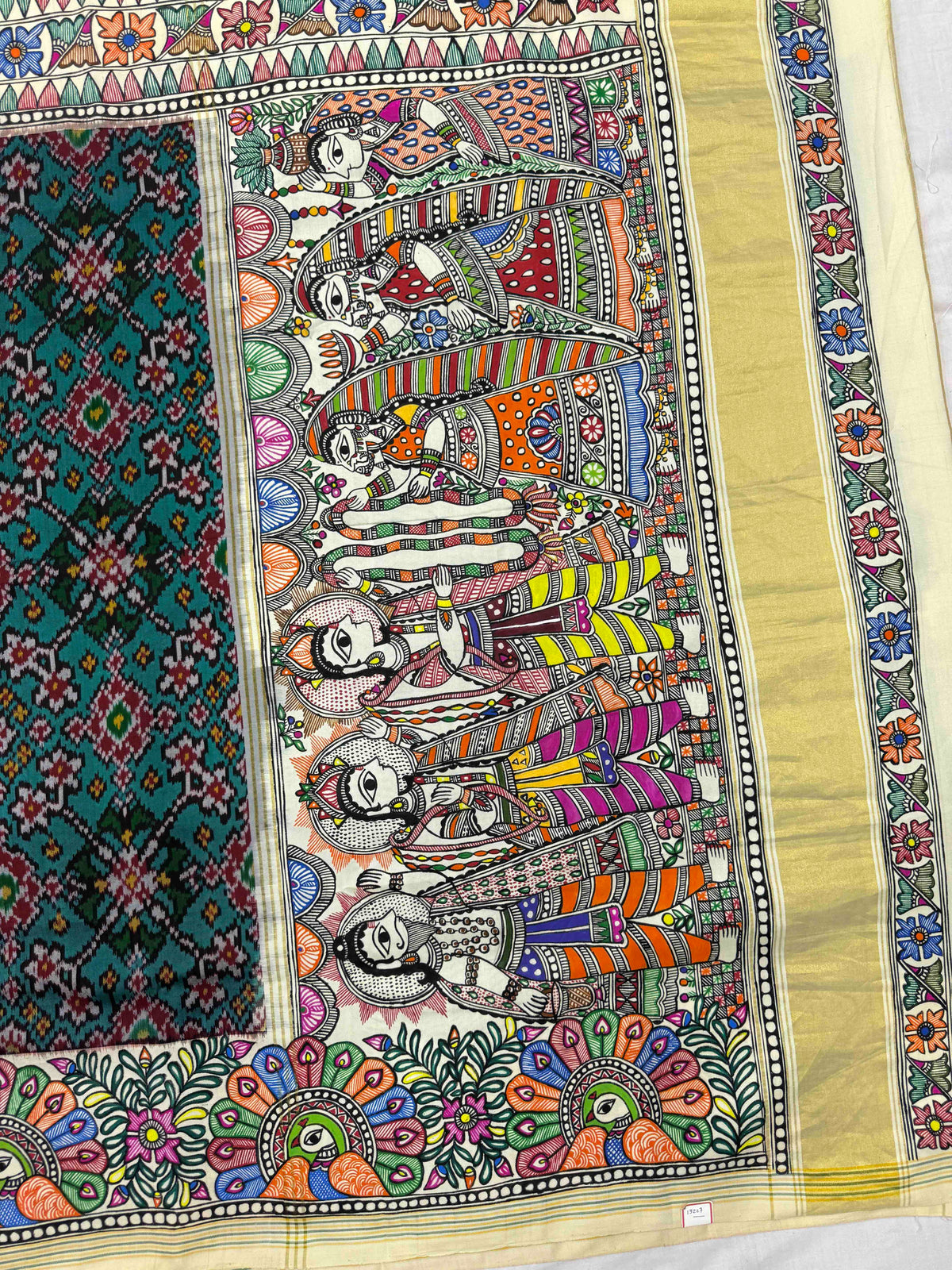 Off White & Turquoise Green Navratan Madhubani Hand Painting with Fusion Design Single Ikat Patan Patola Saree