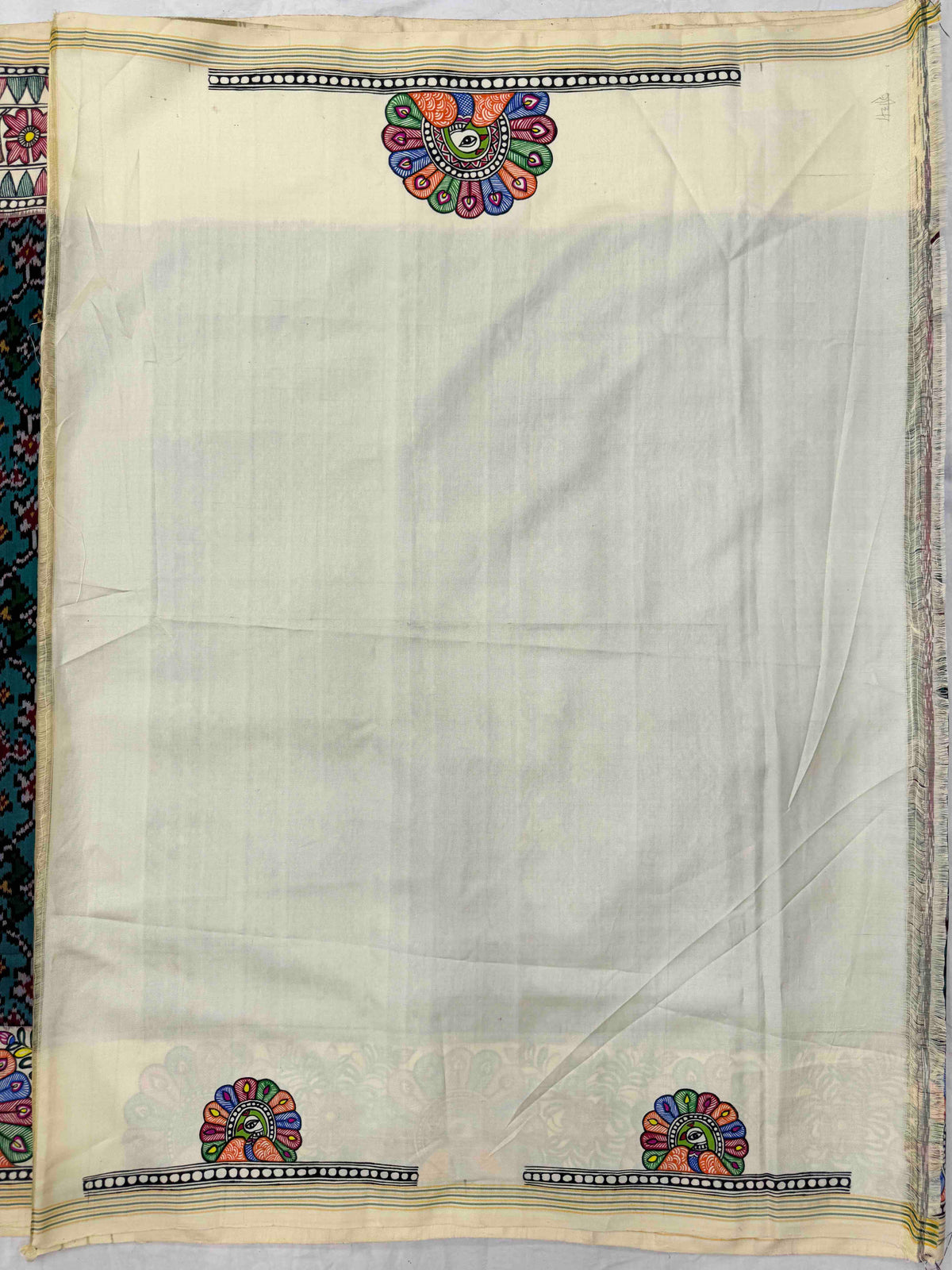 Off White & Turquoise Green Navratan Madhubani Hand Painting with Fusion Design Single Ikat Patan Patola Saree