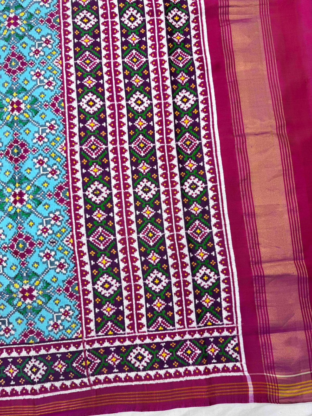 Pink & Light Sky Blue Navratan Double Ikat Patan Patola Saree