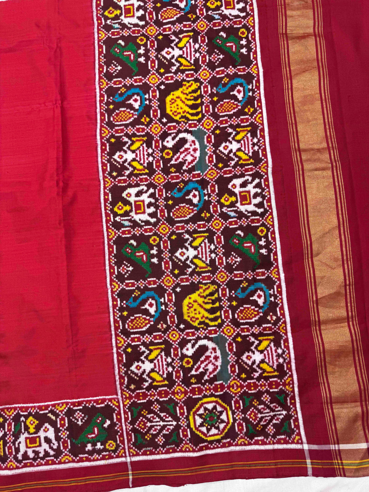 Red Plain with Narikunj Border Pallu Double Ikat Patan Patola Saree