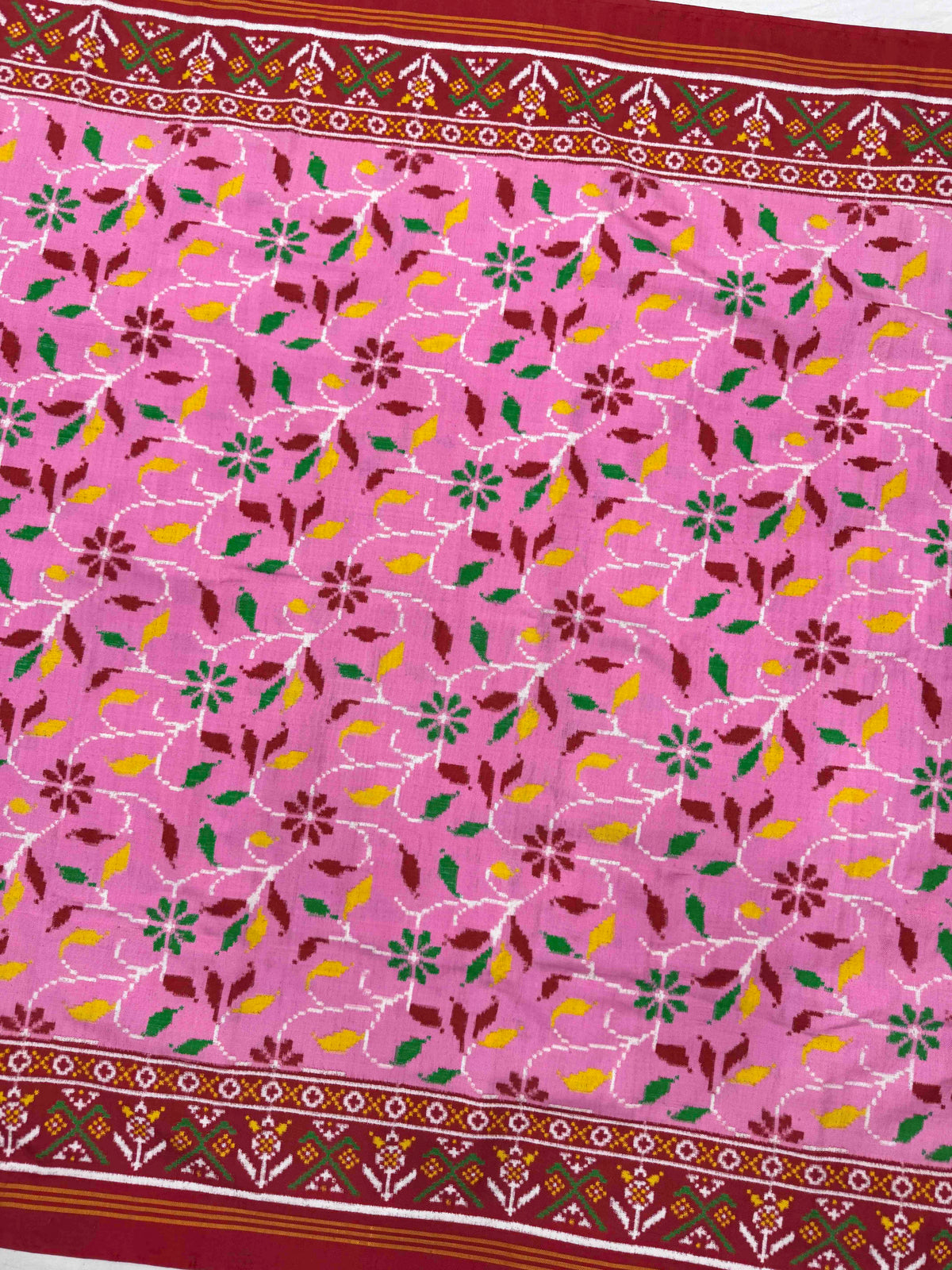 Red & Light Pink Fancy Leaves Double Ikat Patan Patola Saree