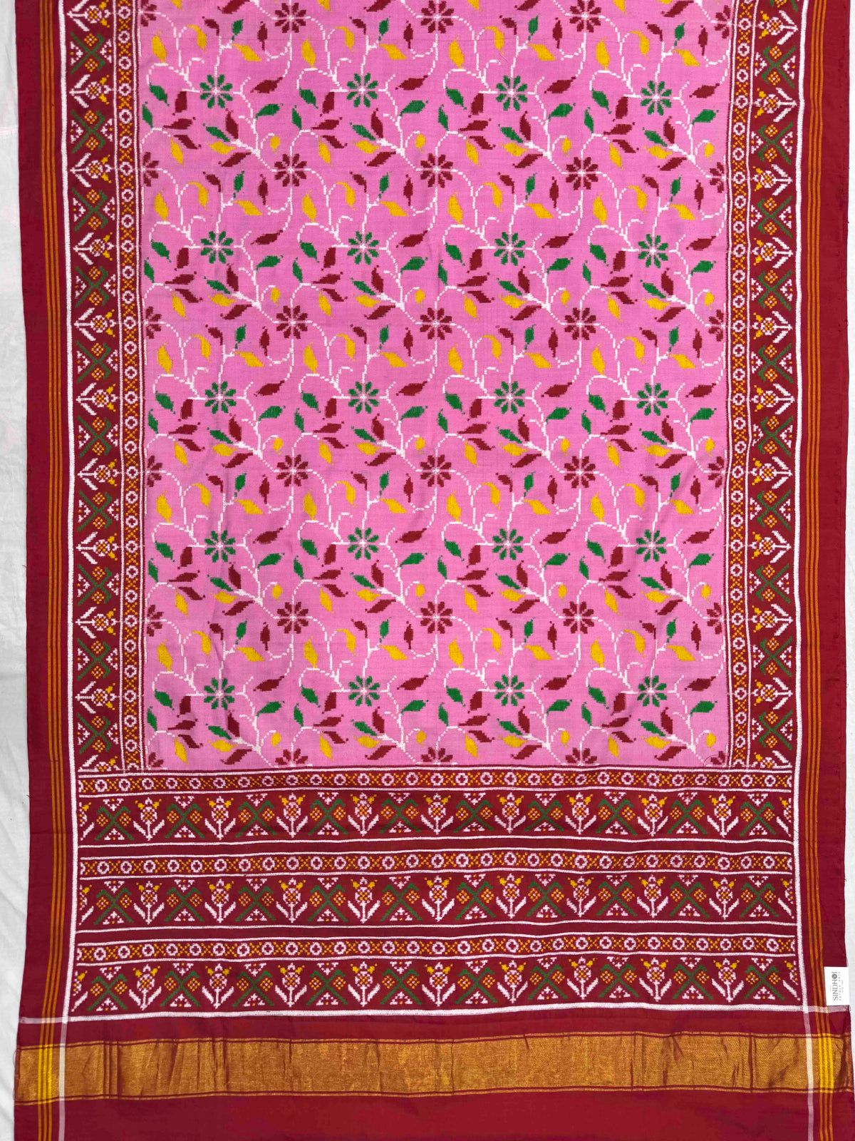 Red & Light Pink Fancy Leaves Double Ikat Patan Patola Saree