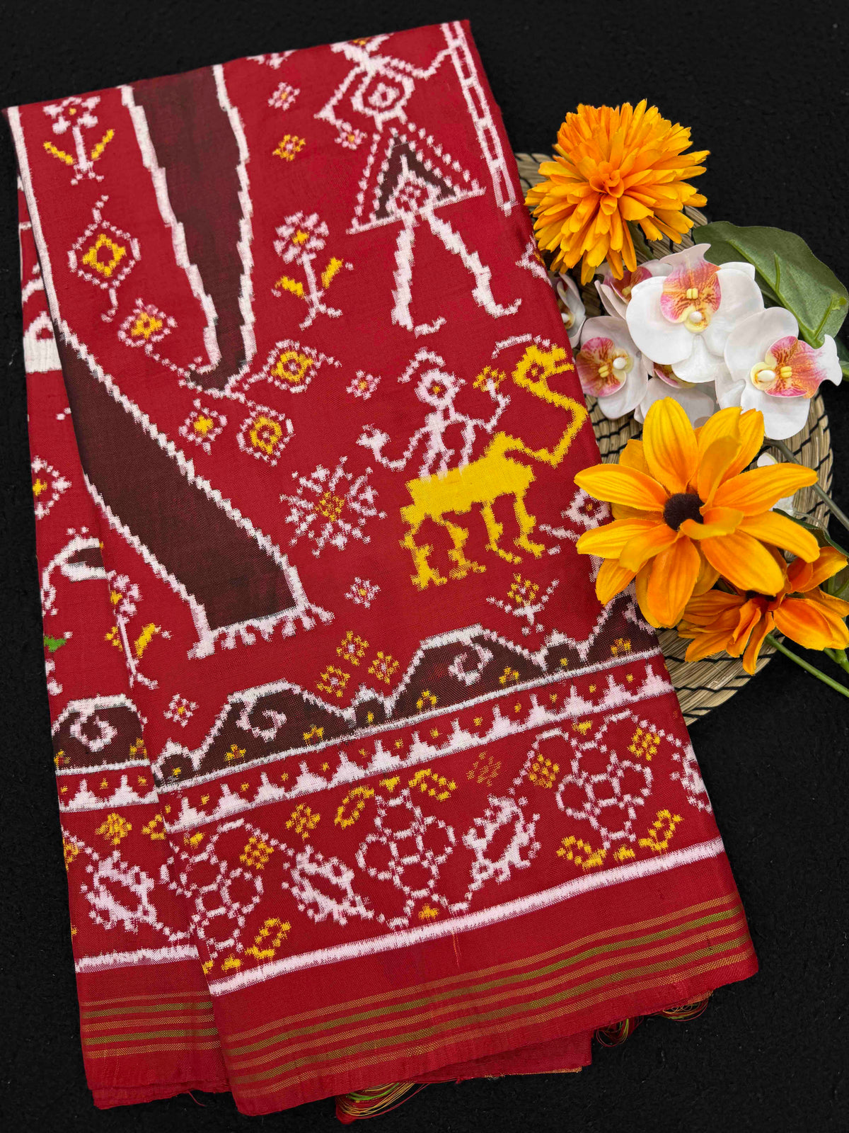 Red Rajwadi Elephant with Narikunj Double Ikat Patan Patola Saree