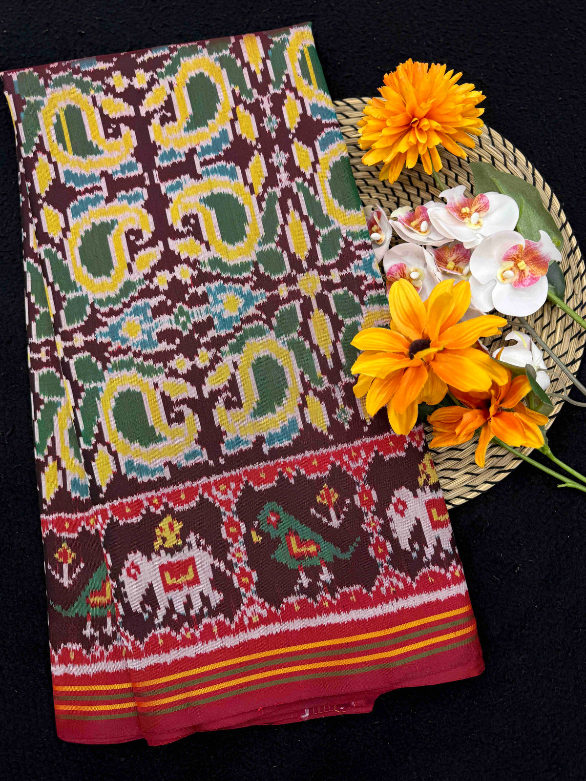 Maroon & Light Yellow Fancy Mango Single Ikat Patan Patola Saree