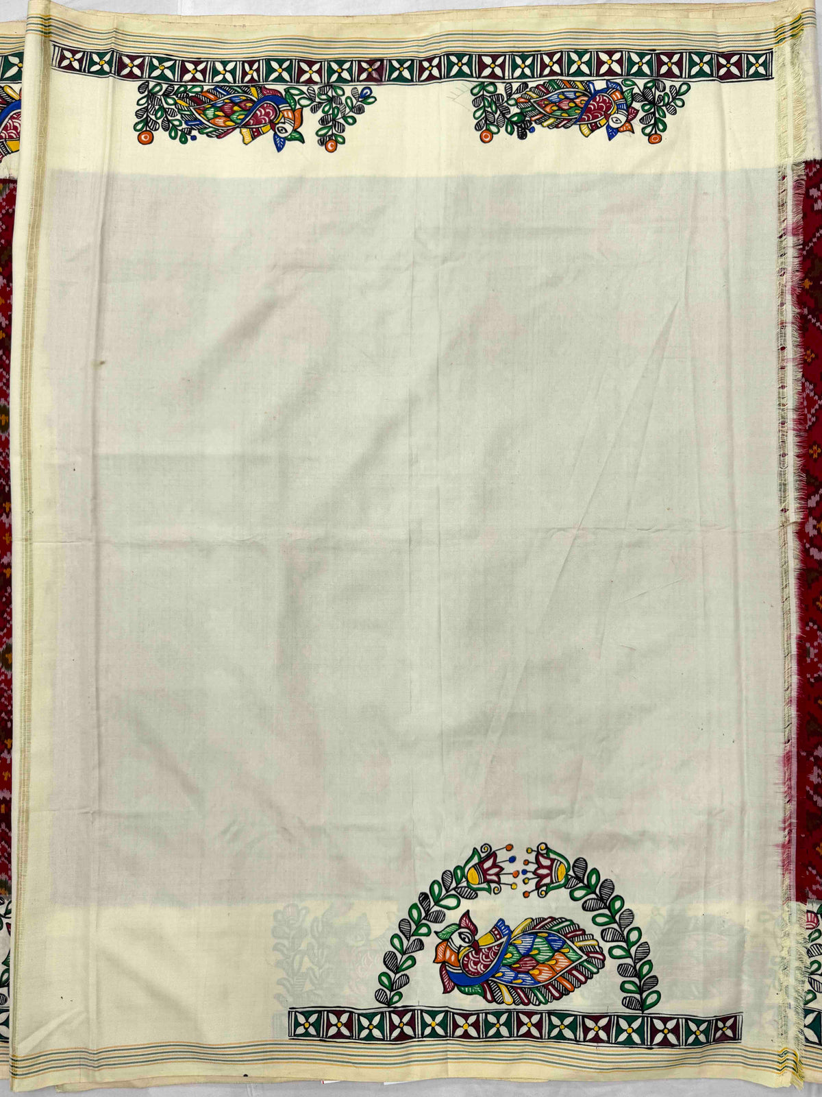 Off White & Red Navratan Madhubani Hand Painting with Fusion Design Single Ikat Patan Patola Saree