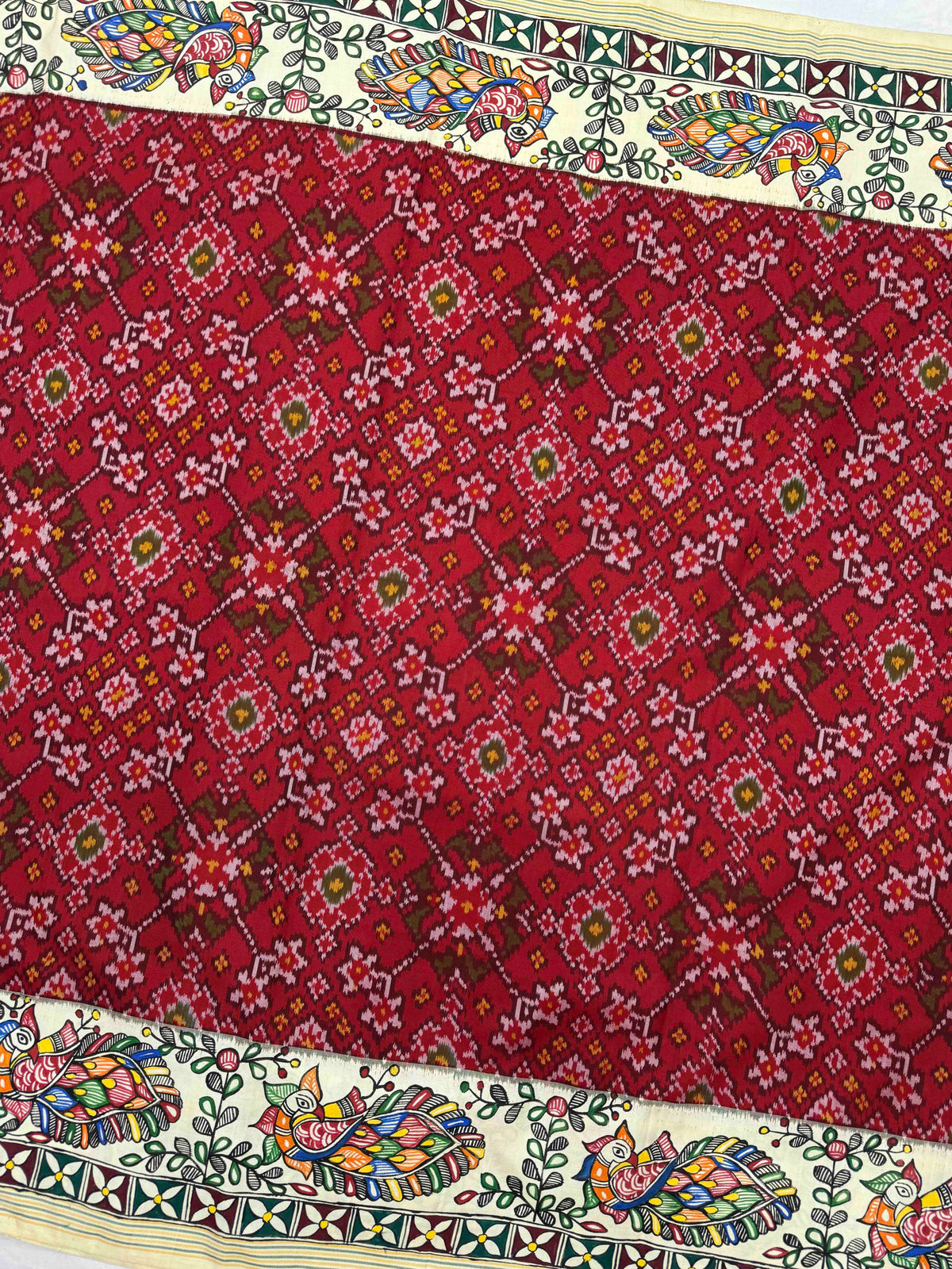 Off White & Red Navratan Madhubani Hand Painting with Fusion Design Single Ikat Patan Patola Saree