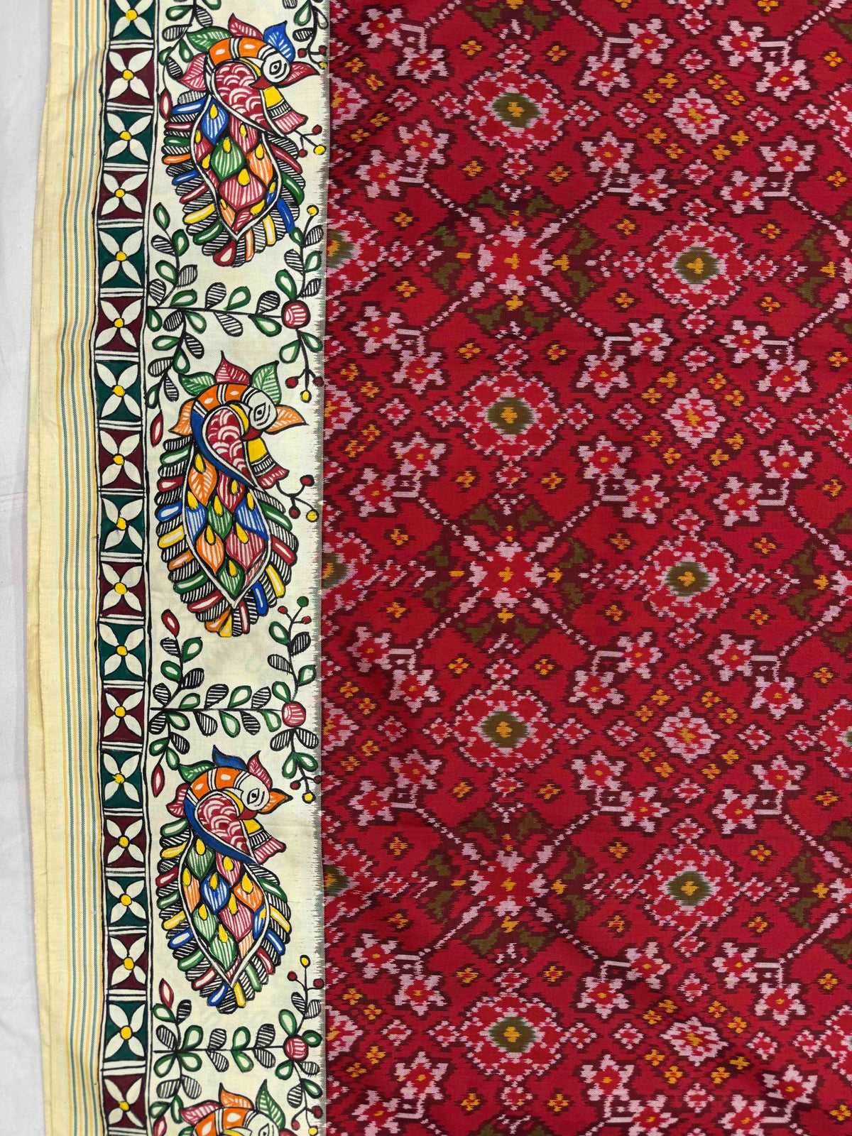 Off White & Red Navratan Madhubani Hand Painting with Fusion Design Single Ikat Patan Patola Saree