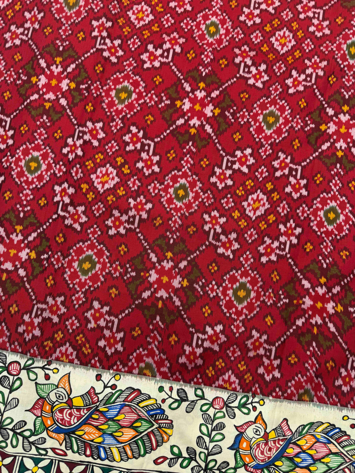 Off White & Red Navratan Madhubani Hand Painting with Fusion Design Single Ikat Patan Patola Saree