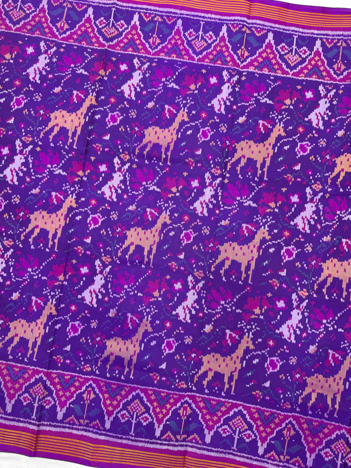 Purple Fancy Flower Deer Rabbit Single Ikat Patan Patola Saree