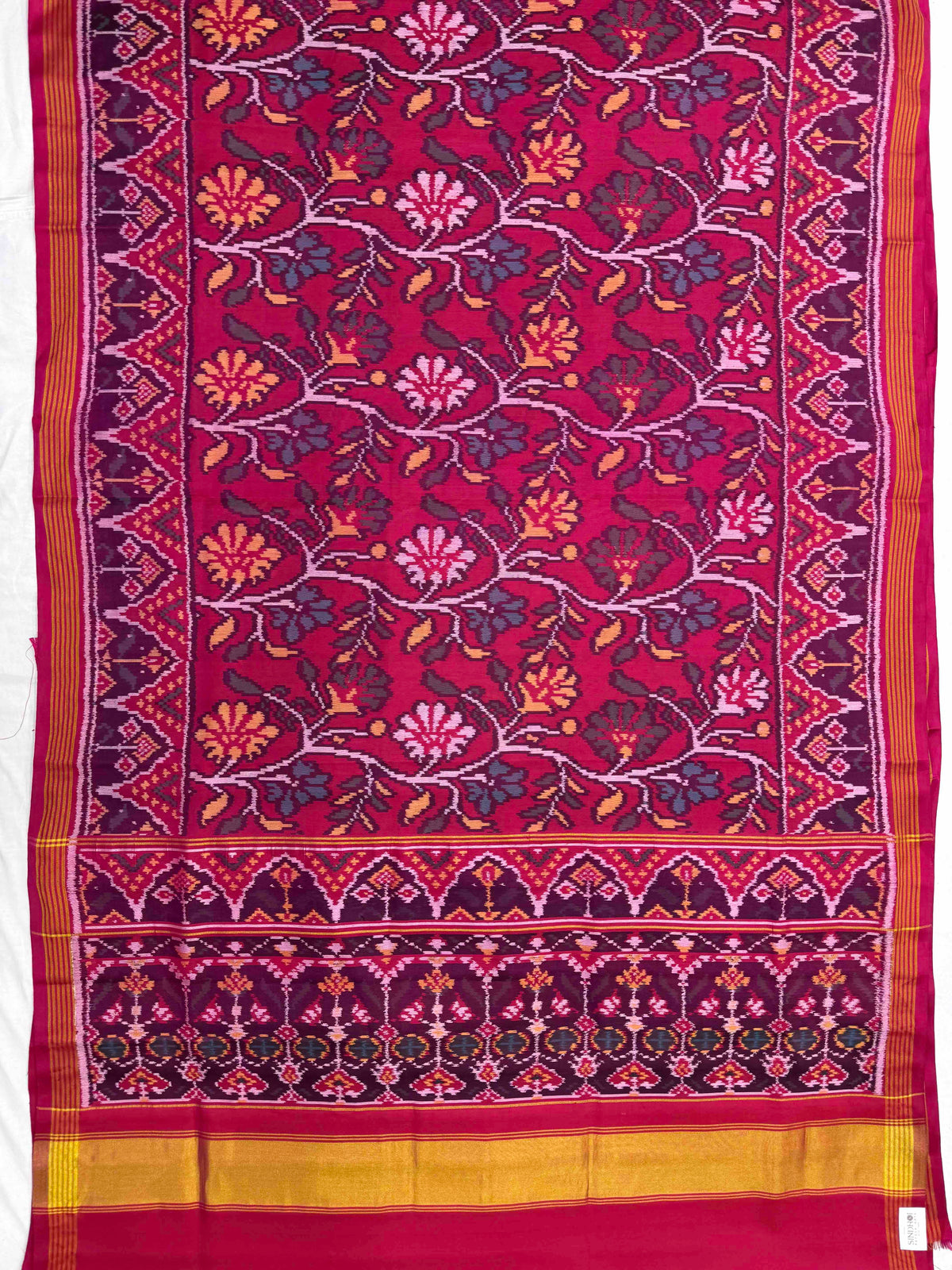 Pink Fancy Flower Leaves Single Ikat Patan Patola Saree