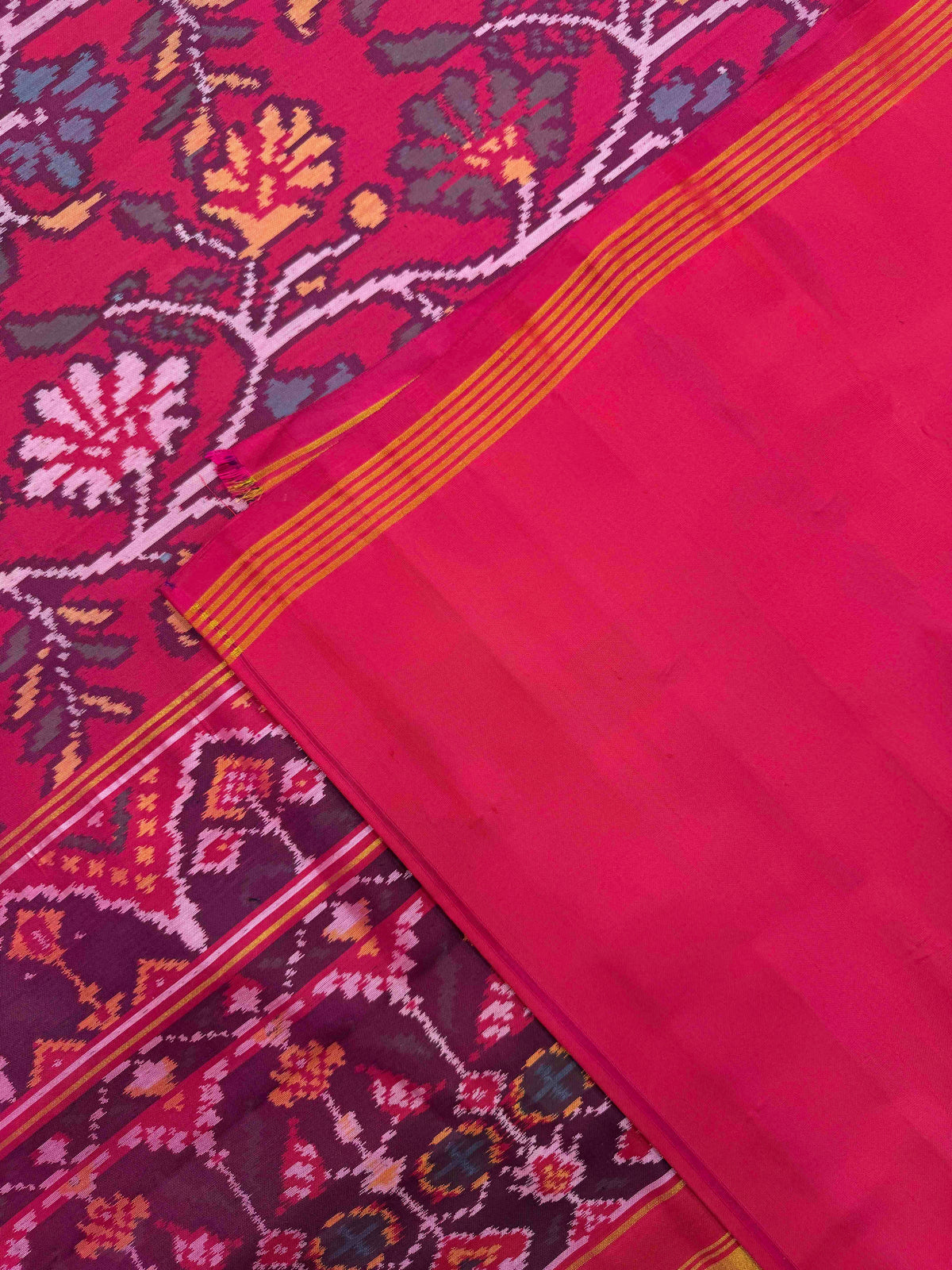 Pink Fancy Flower Leaves Single Ikat Patan Patola Saree
